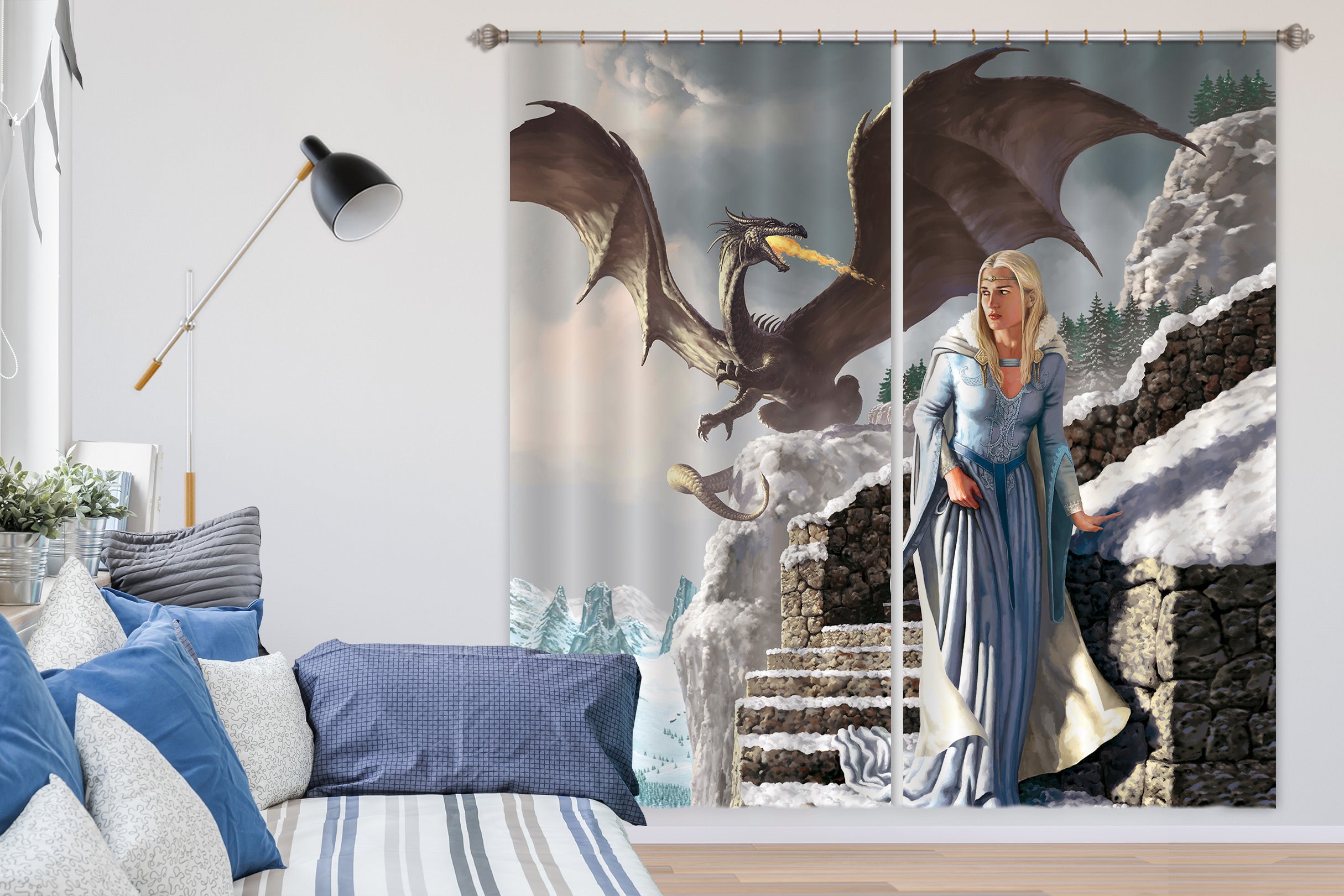 3D Fly Dragon Woman 7197 Ciruelo Curtain Curtains Drapes