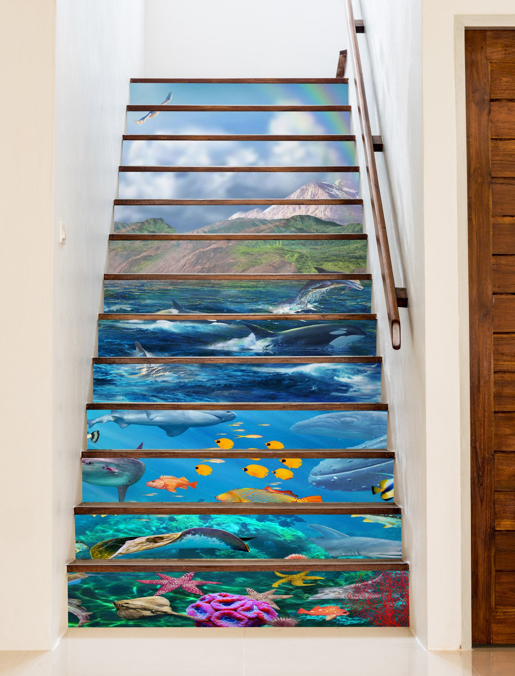 3D Mountain Wave Ocean Fish 96182 Adrian Chesterman Stair Risers