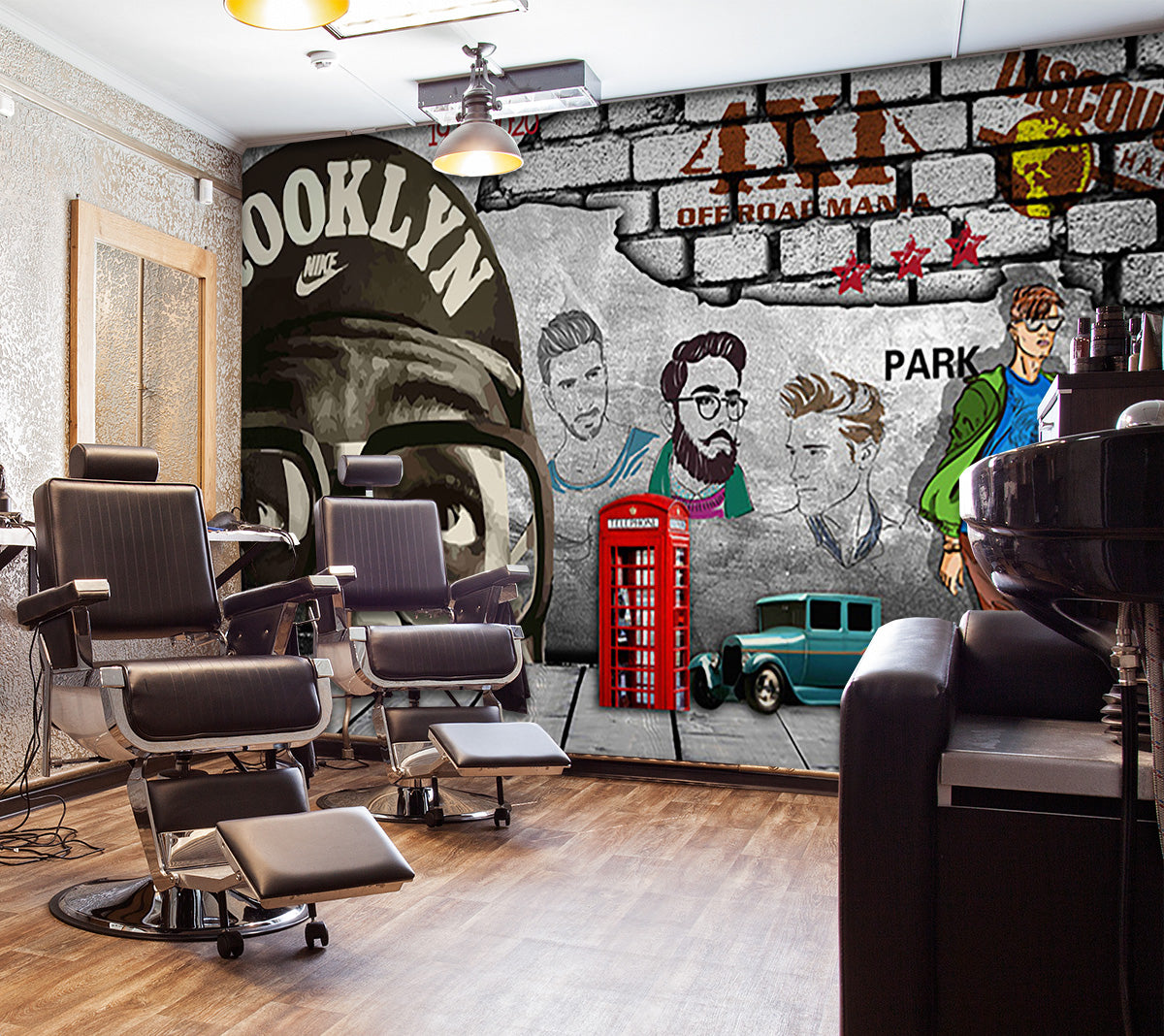 3D Phone Booth Car 1461 Barber Shop Wall Murals