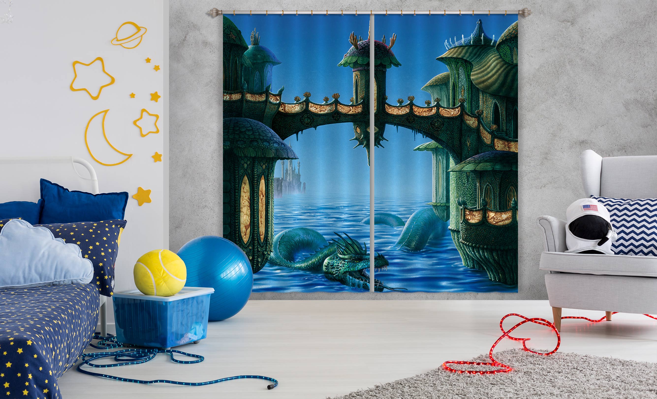 3D River Dragon Bridge 7172 Ciruelo Curtain Curtains Drapes