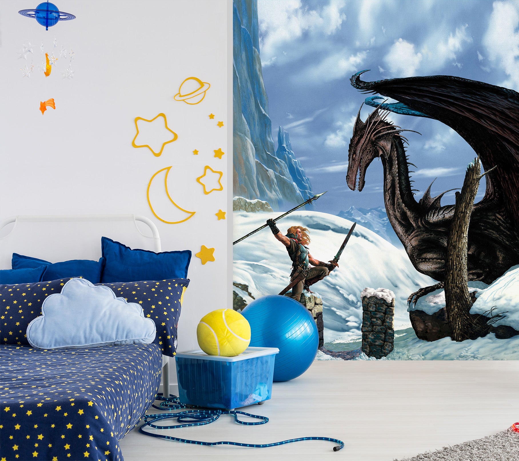 3D Snow Mountain Man Fighting Dragon 7088 Ciruelo Wall Mural Wall Murals