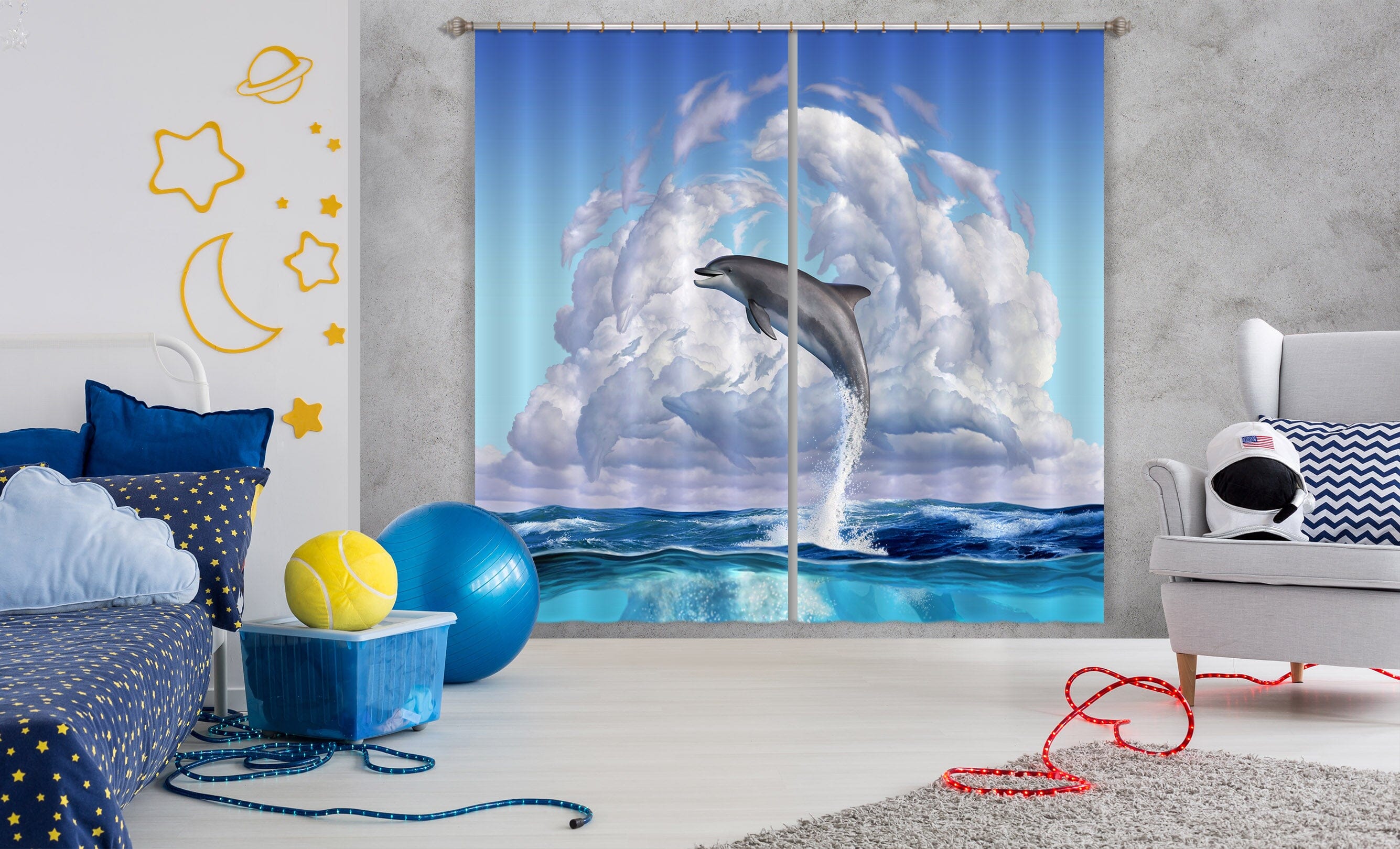 3D Dolphin Play 061 Jerry LoFaro Curtain Curtains Drapes Curtains AJ Creativity Home 