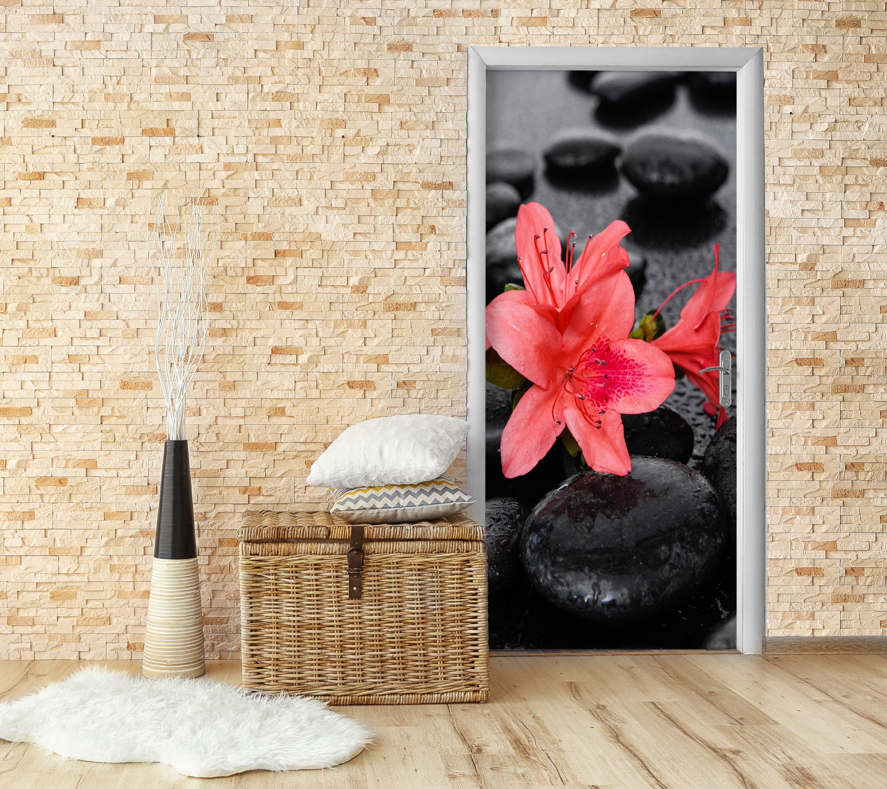 3D Red Flower Stone 23009 Door Mural