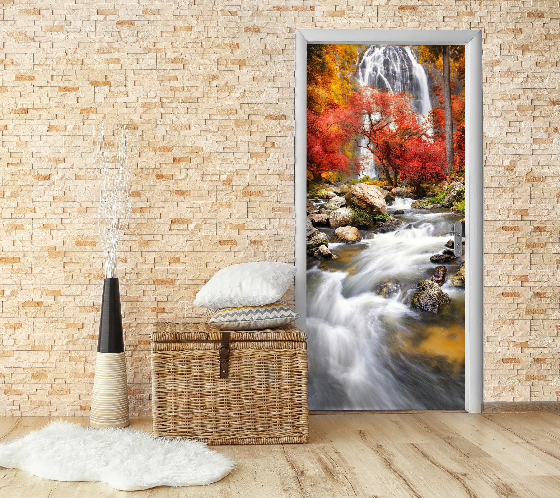 3D Red Tree Waterfall 134 Door Mural