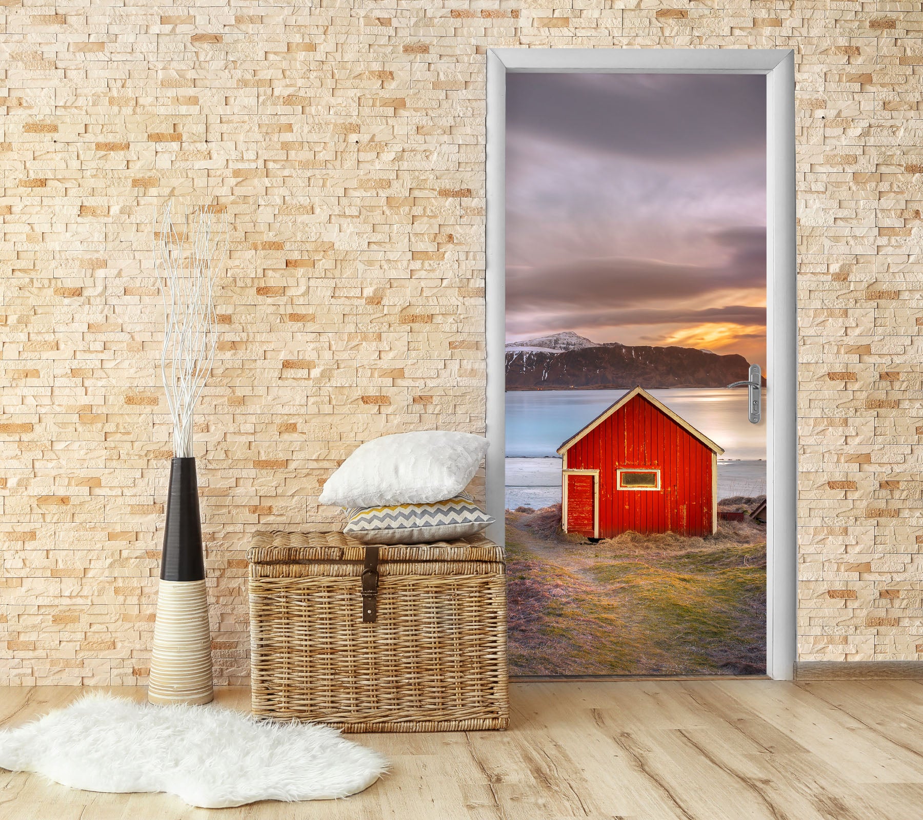 3D Lakeside Red Cabin 11626 Marco Carmassi Door Mural