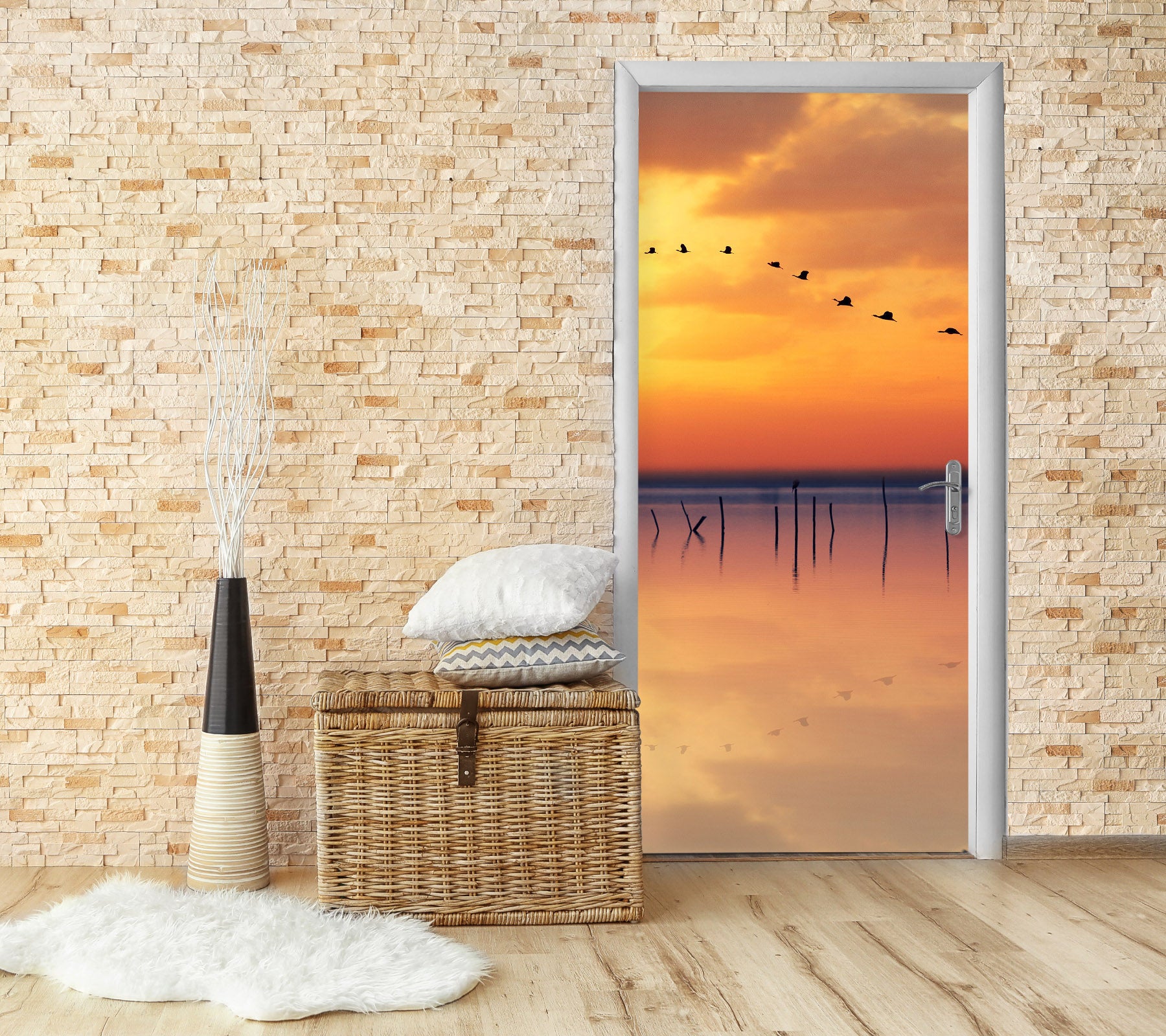 3D Sunset Gold Sky Lake 119224 Marco Carmassi Door Mural