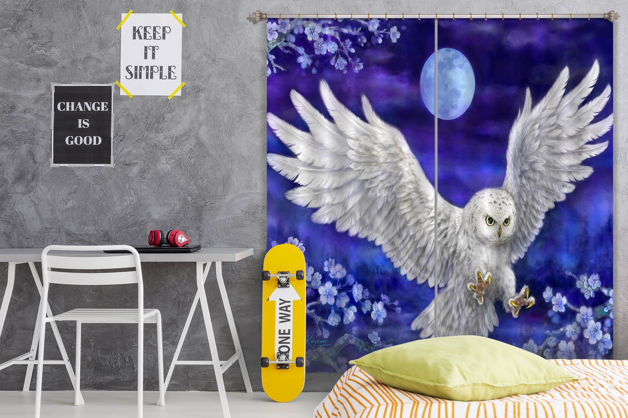 3D White Owl Moon 9084 Kayomi Harai Curtain Curtains Drapes