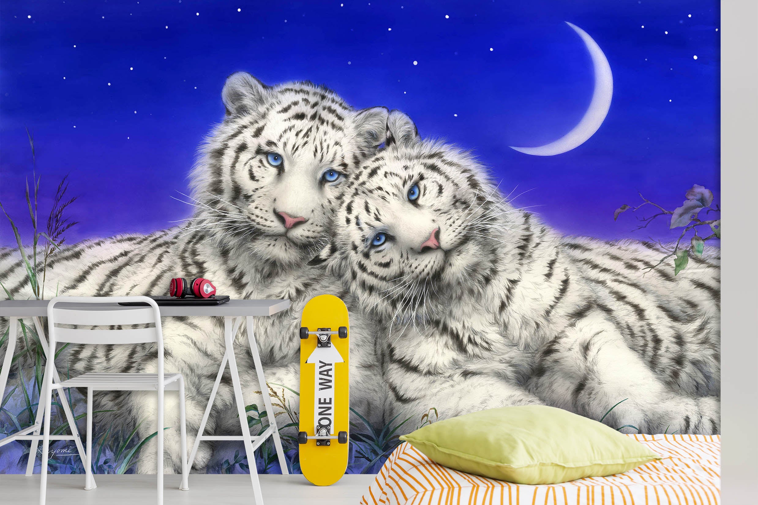 3D White Tiger Moon 5545 Kayomi Harai Wall Mural Wall Murals