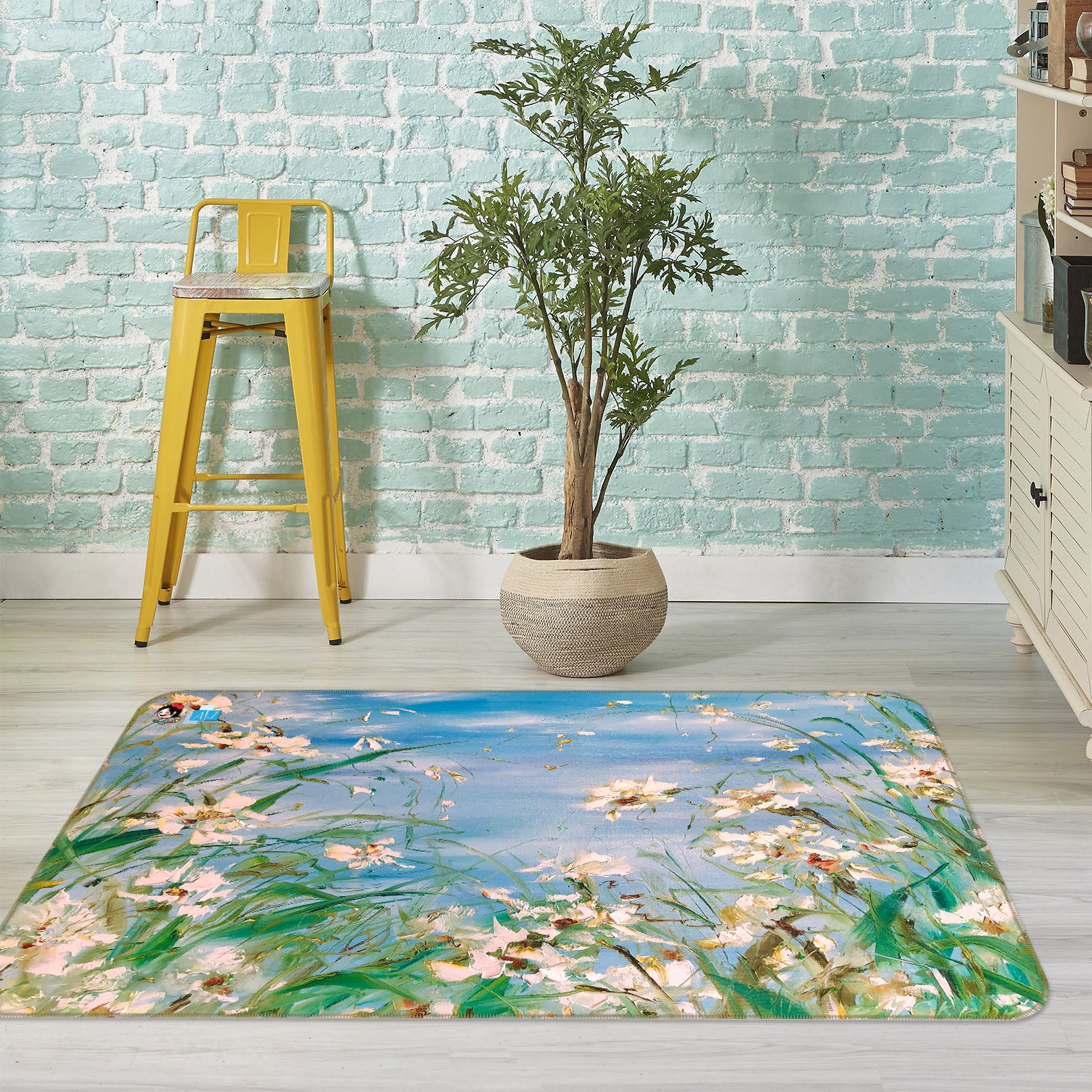 3D White Flower Grass 1233 Skromova Marina Rug Non Slip Rug Mat