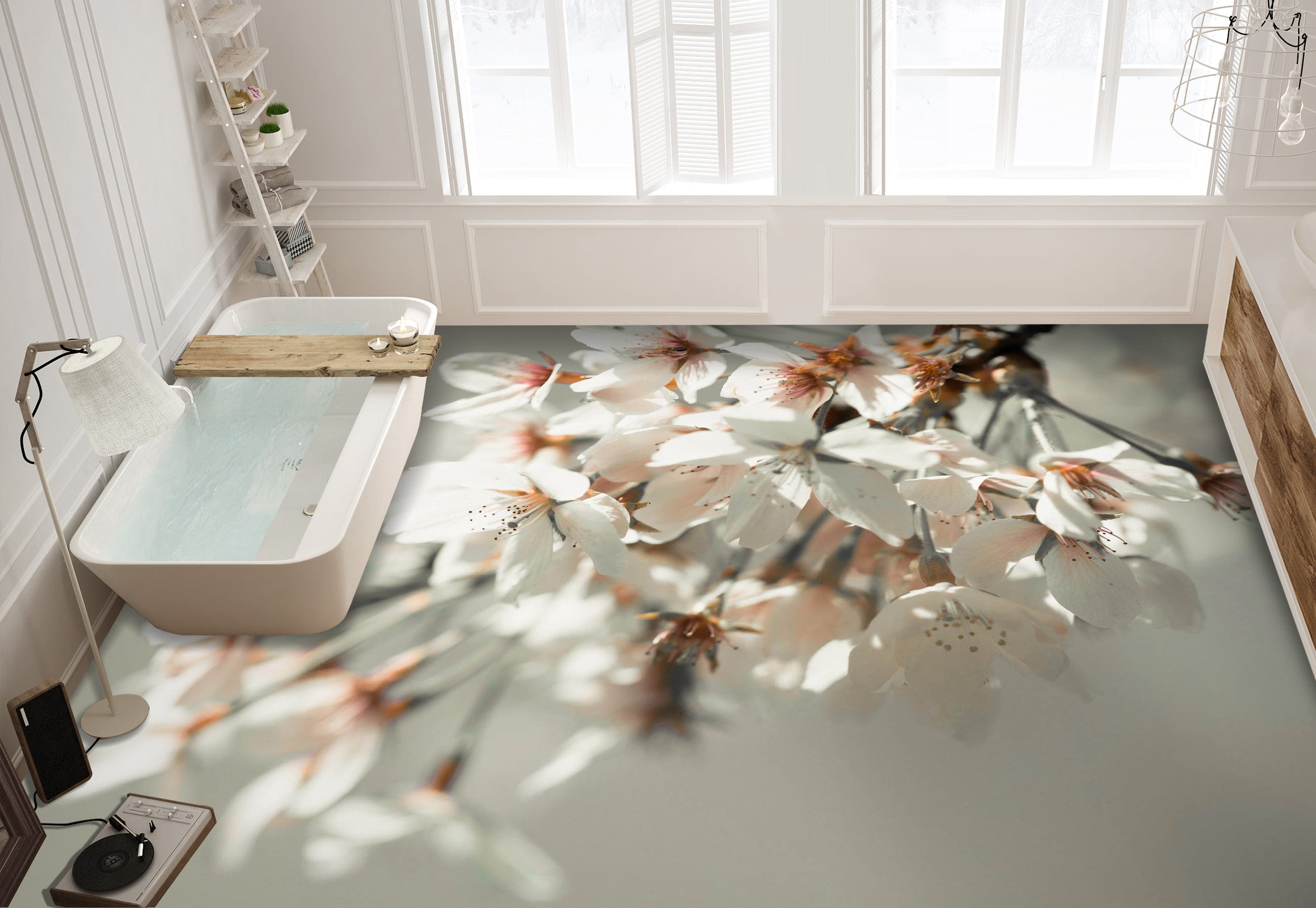 3D White Flower Branch 9862 Assaf Frank Floor Mural