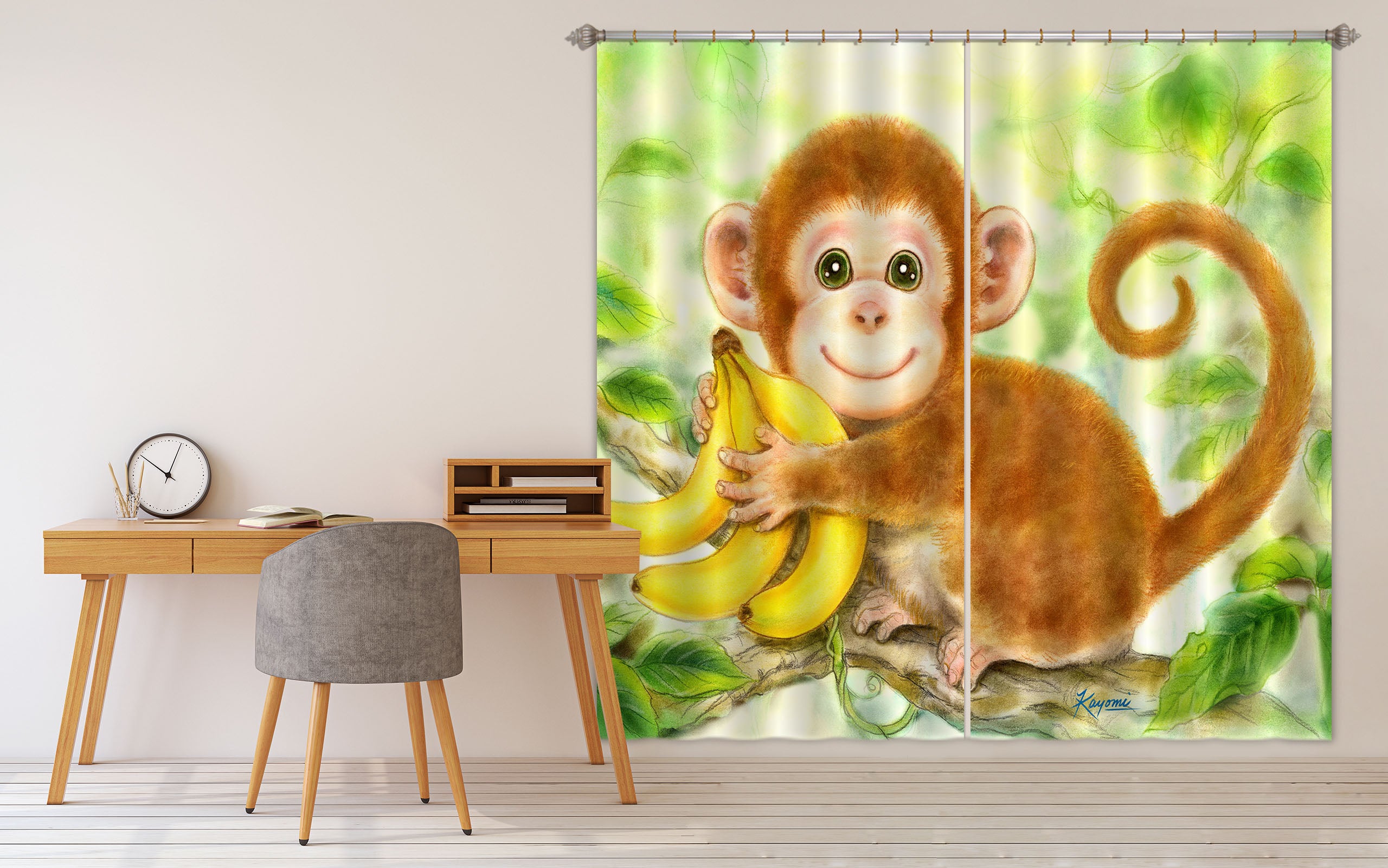 3D Cute Monkey Banana 9005 Kayomi Harai Curtain Curtains Drapes