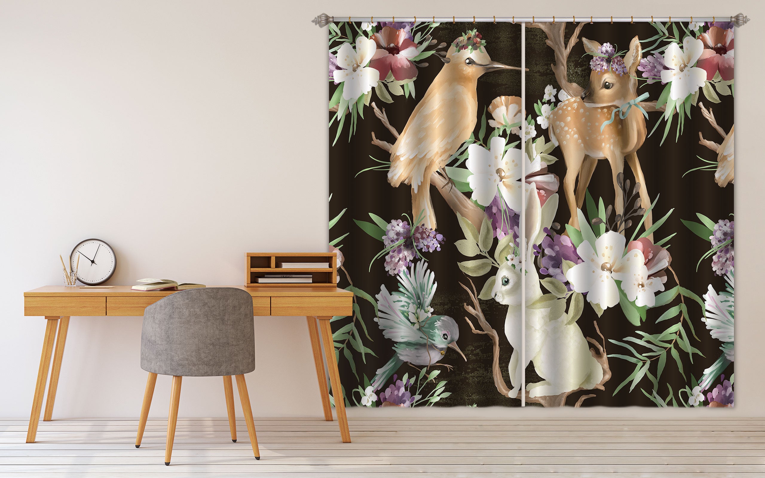 3D Bird Fawn Forest 062 Curtains Drapes