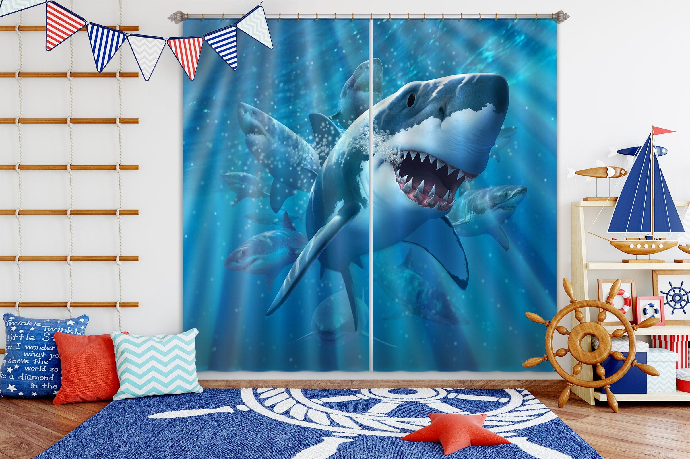 3D Great White Shark 066 Jerry LoFaro Curtain Curtains Drapes Curtains AJ Creativity Home 