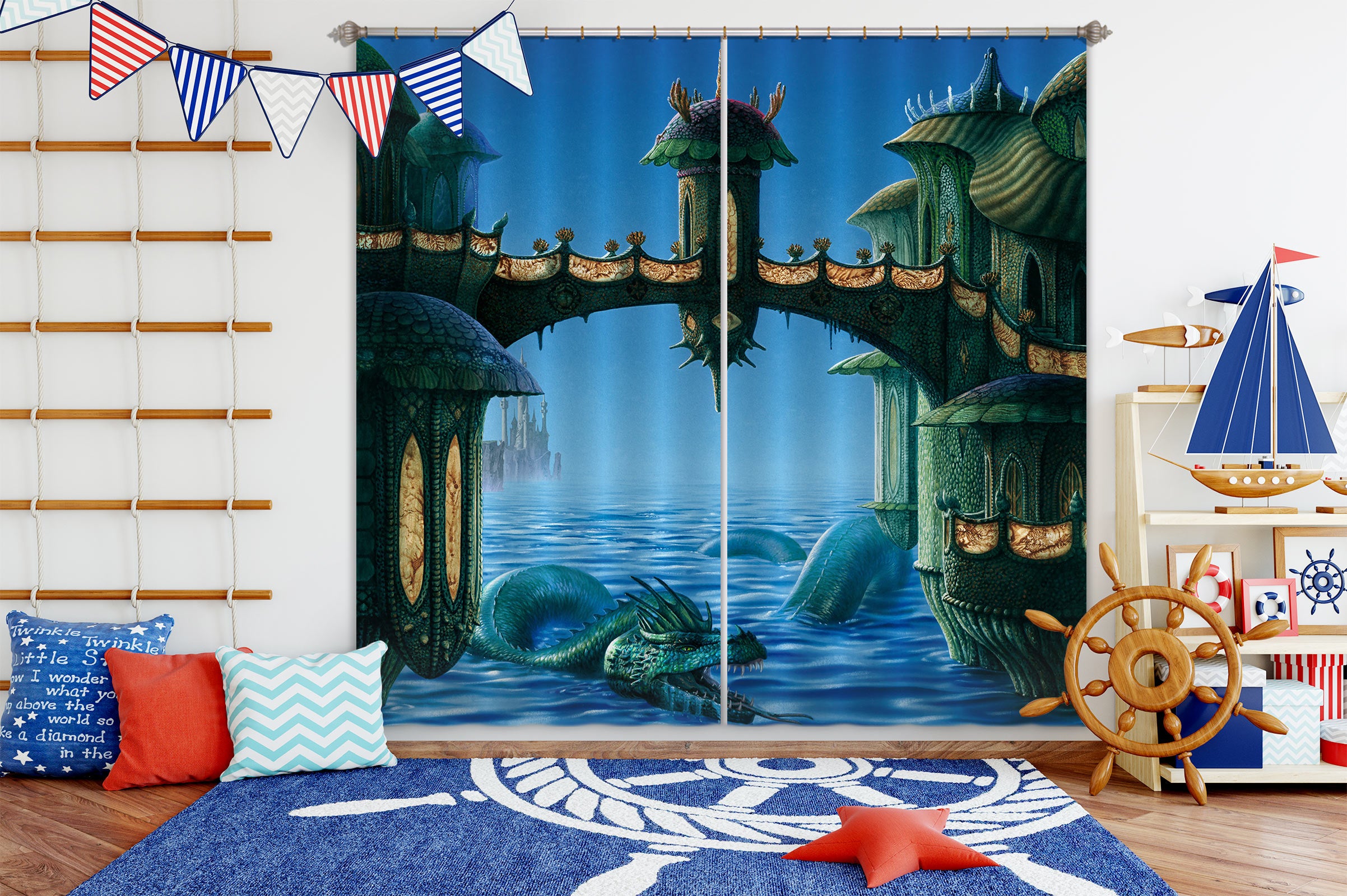 3D River Dragon Bridge 7172 Ciruelo Curtain Curtains Drapes