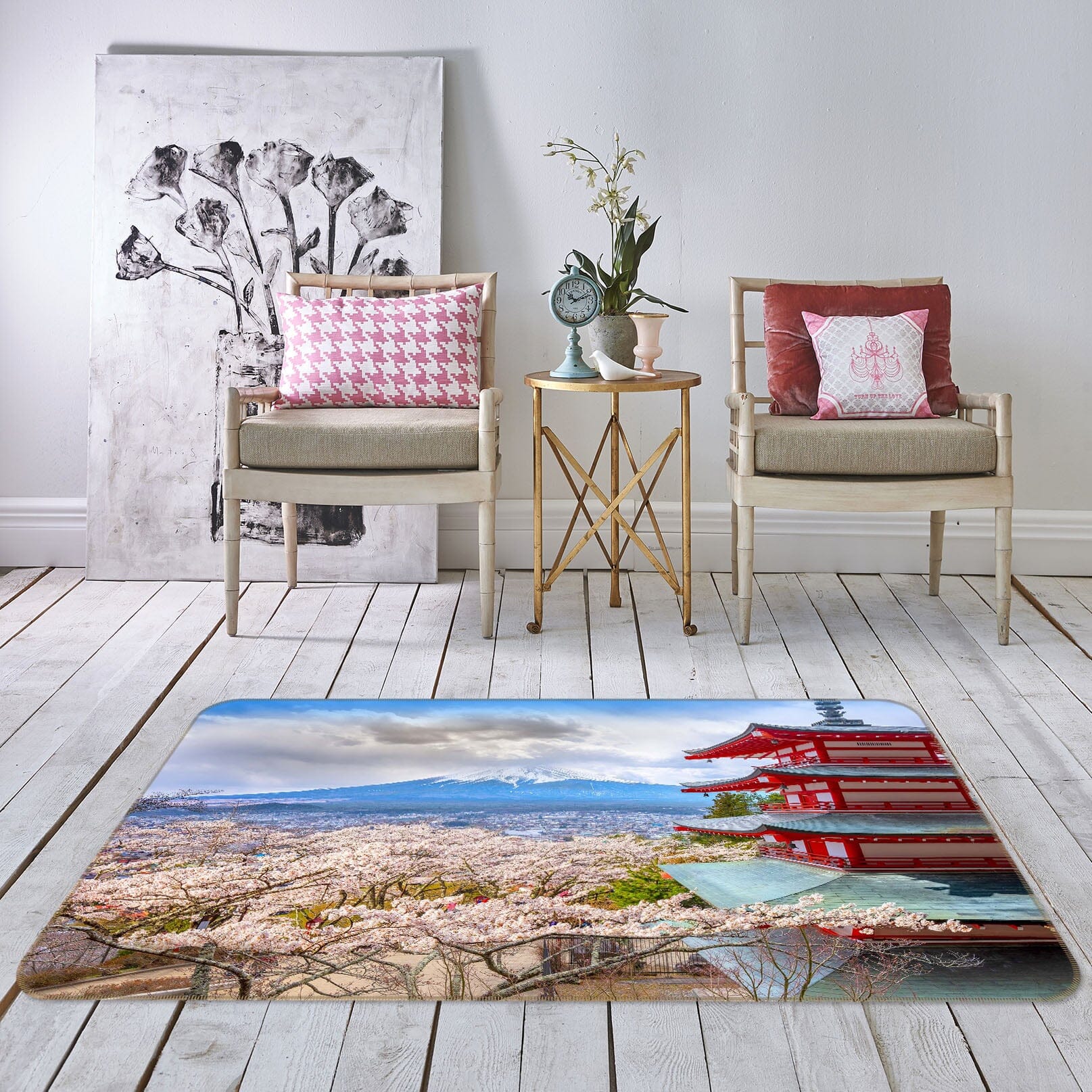 3D Cherry Blossom Temple 1076 Marco Carmassi Rug Non Slip Rug Mat Mat AJ Creativity Home 