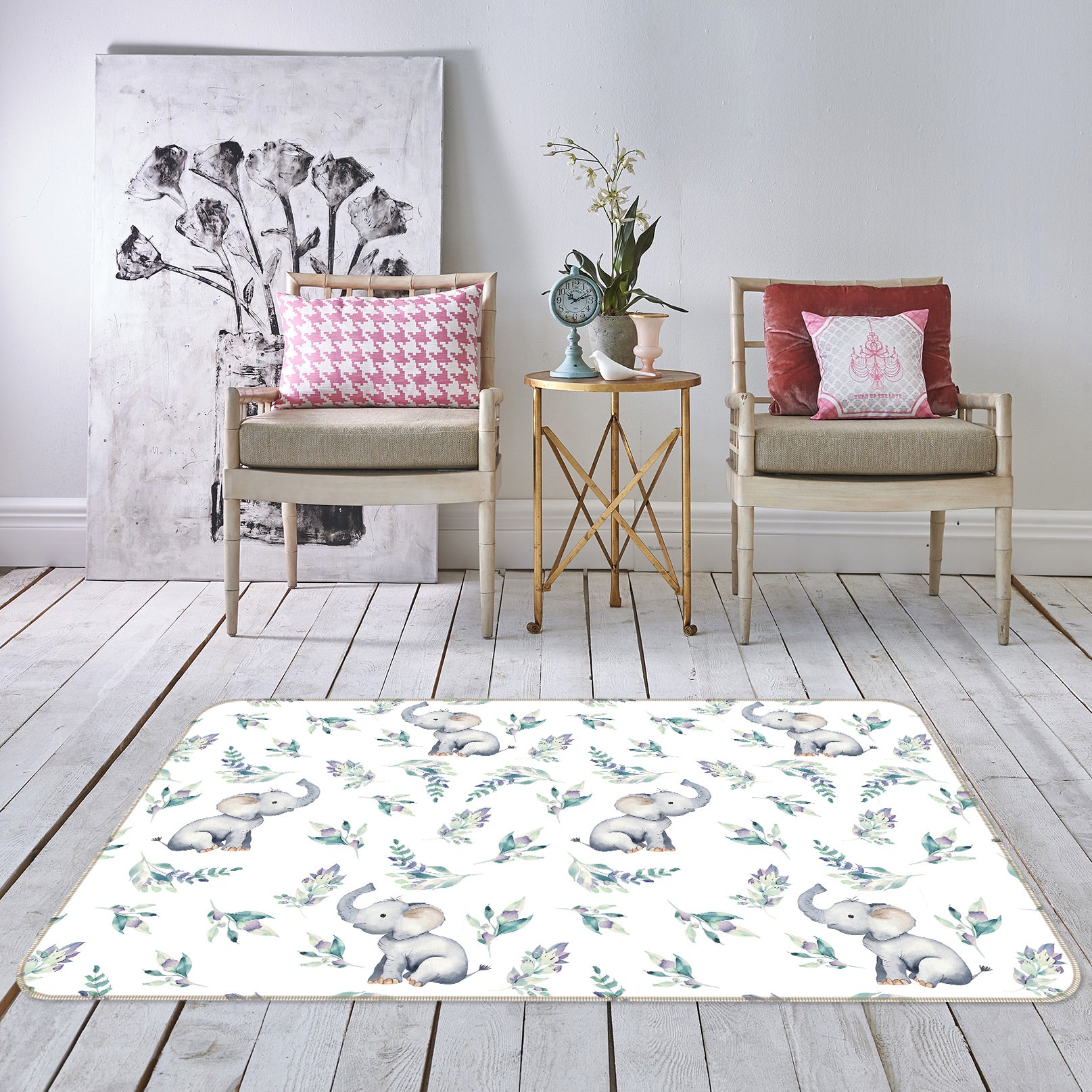 3D Elephant Flower 027 Uta Naumann Rug Non Slip Rug Mat