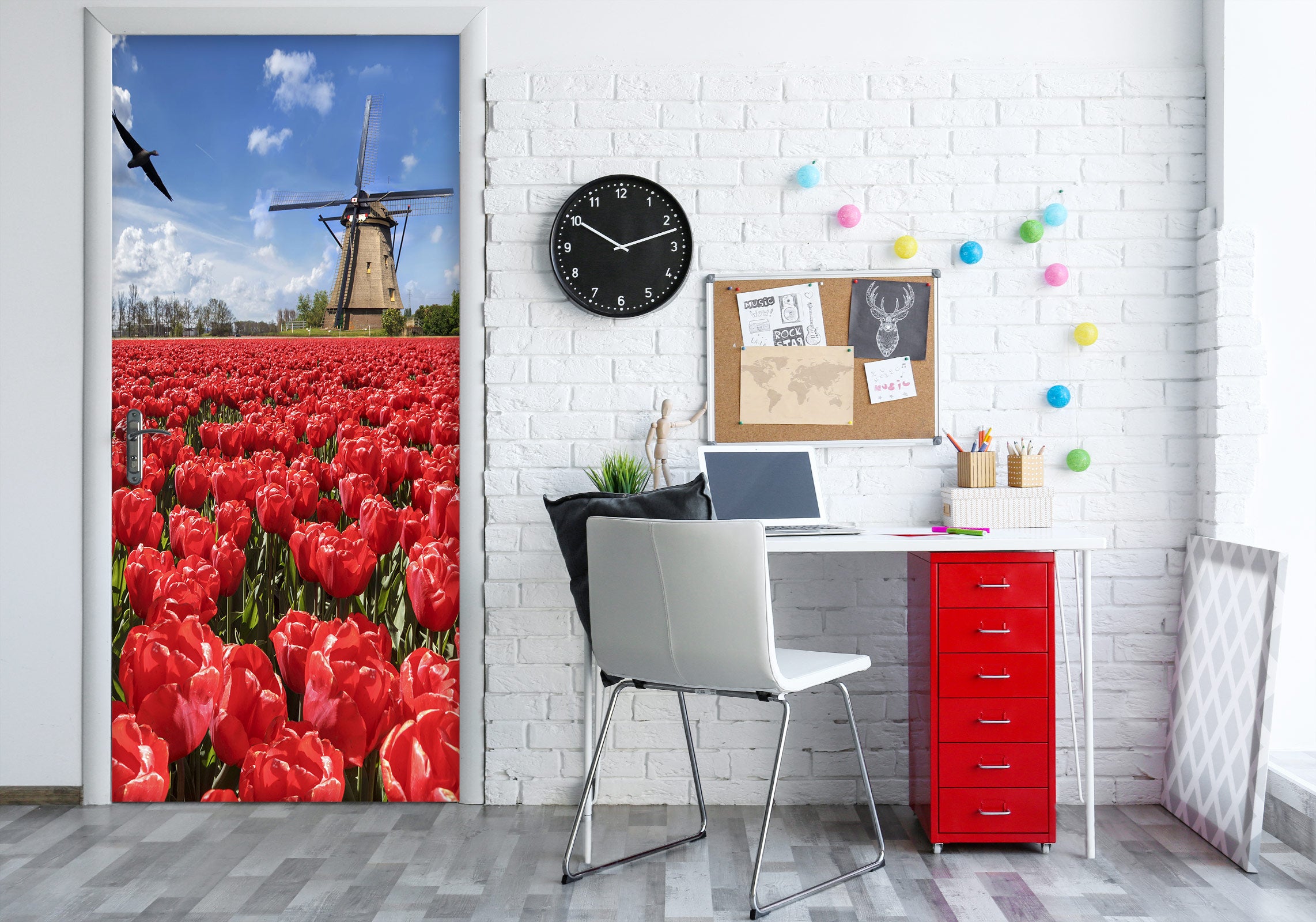 3D Windmill Red Flower 210 Door Mural