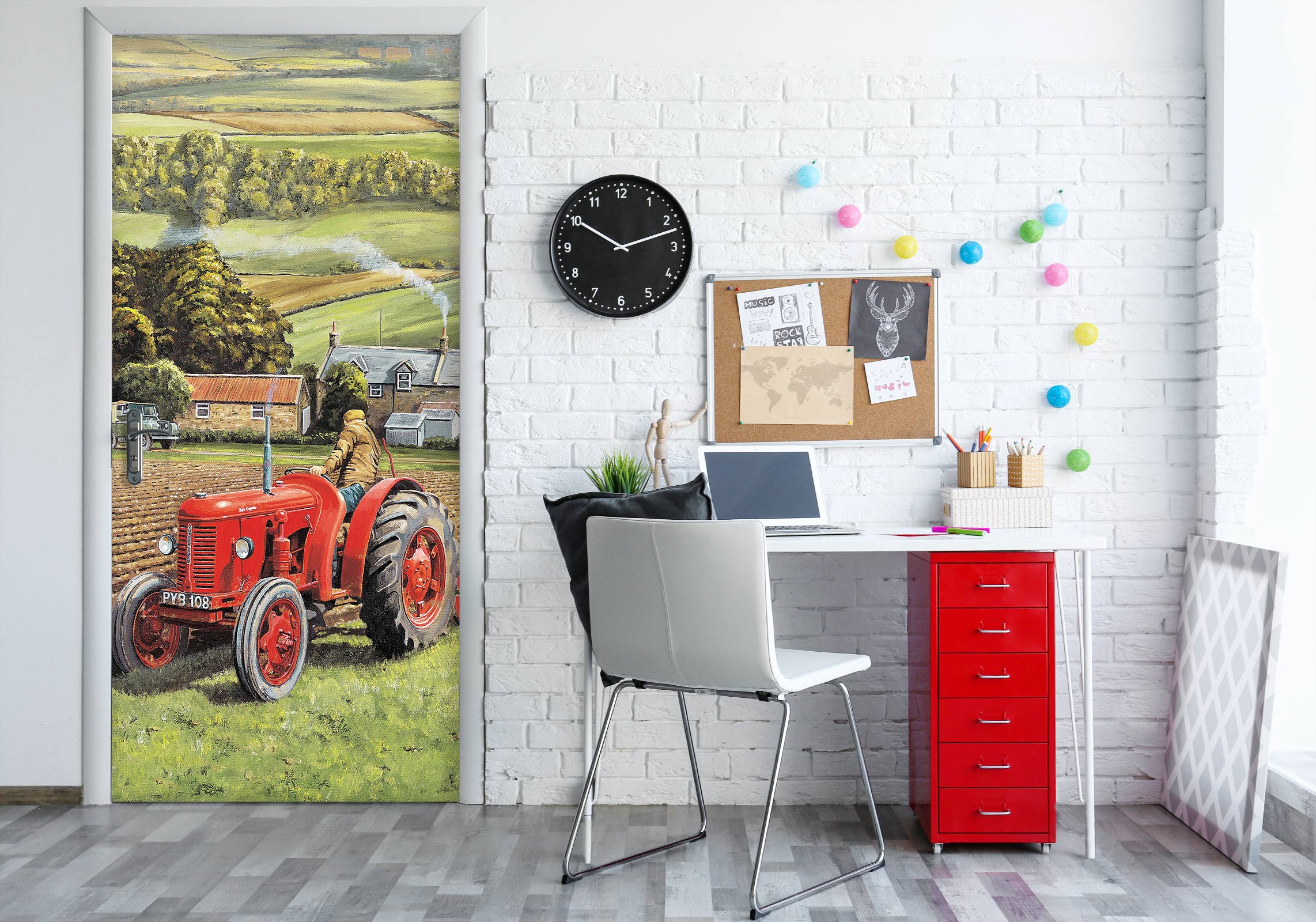 3D Hillside Meadow Red Tractor 10393 Trevor Mitchell Door Mural