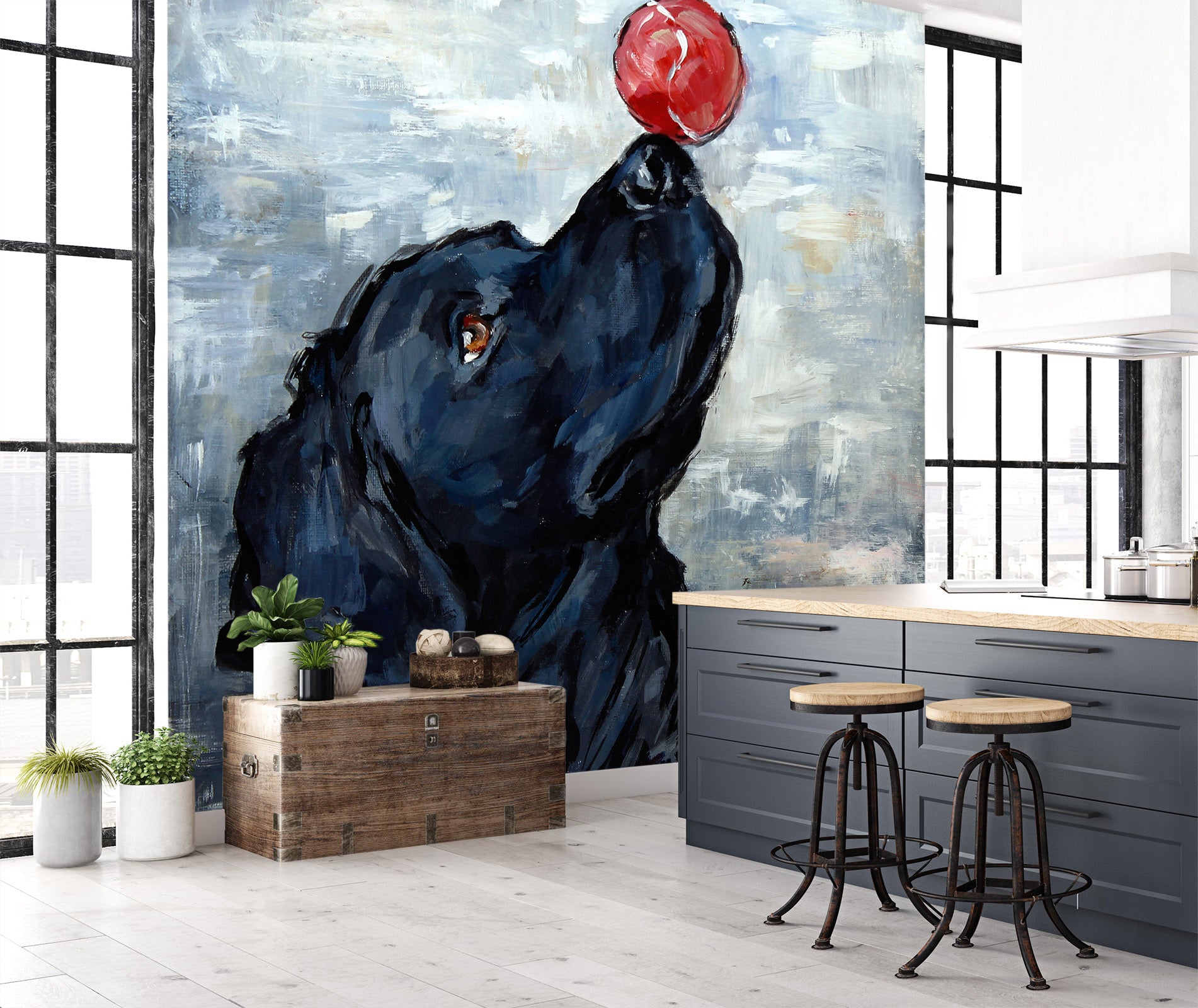 3D Black Dog Red Ball 3107 Debi Coules Wall Mural Wall Murals