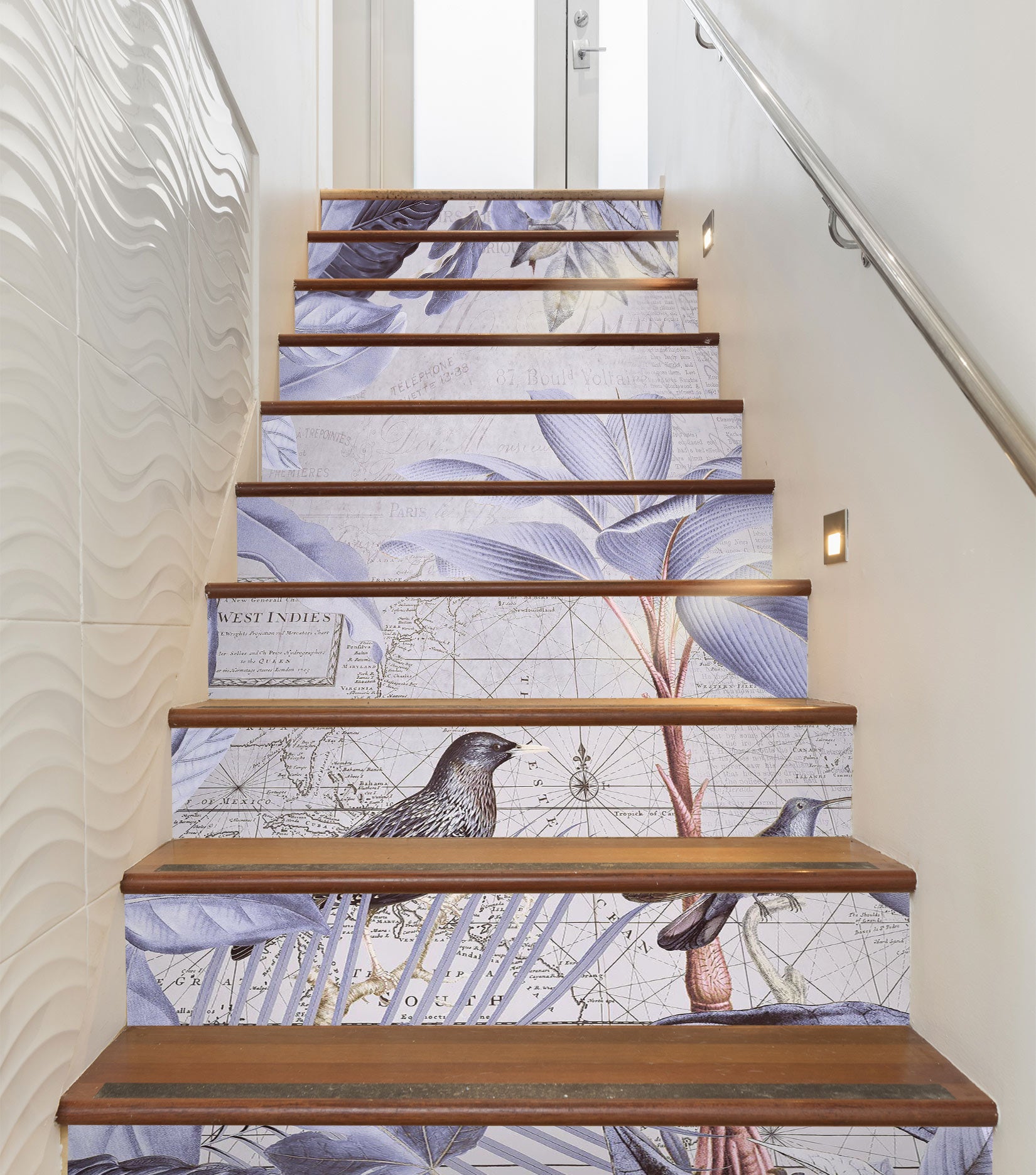 3D Gray Purple Bird Leaves 104106 Andrea Haase Stair Risers