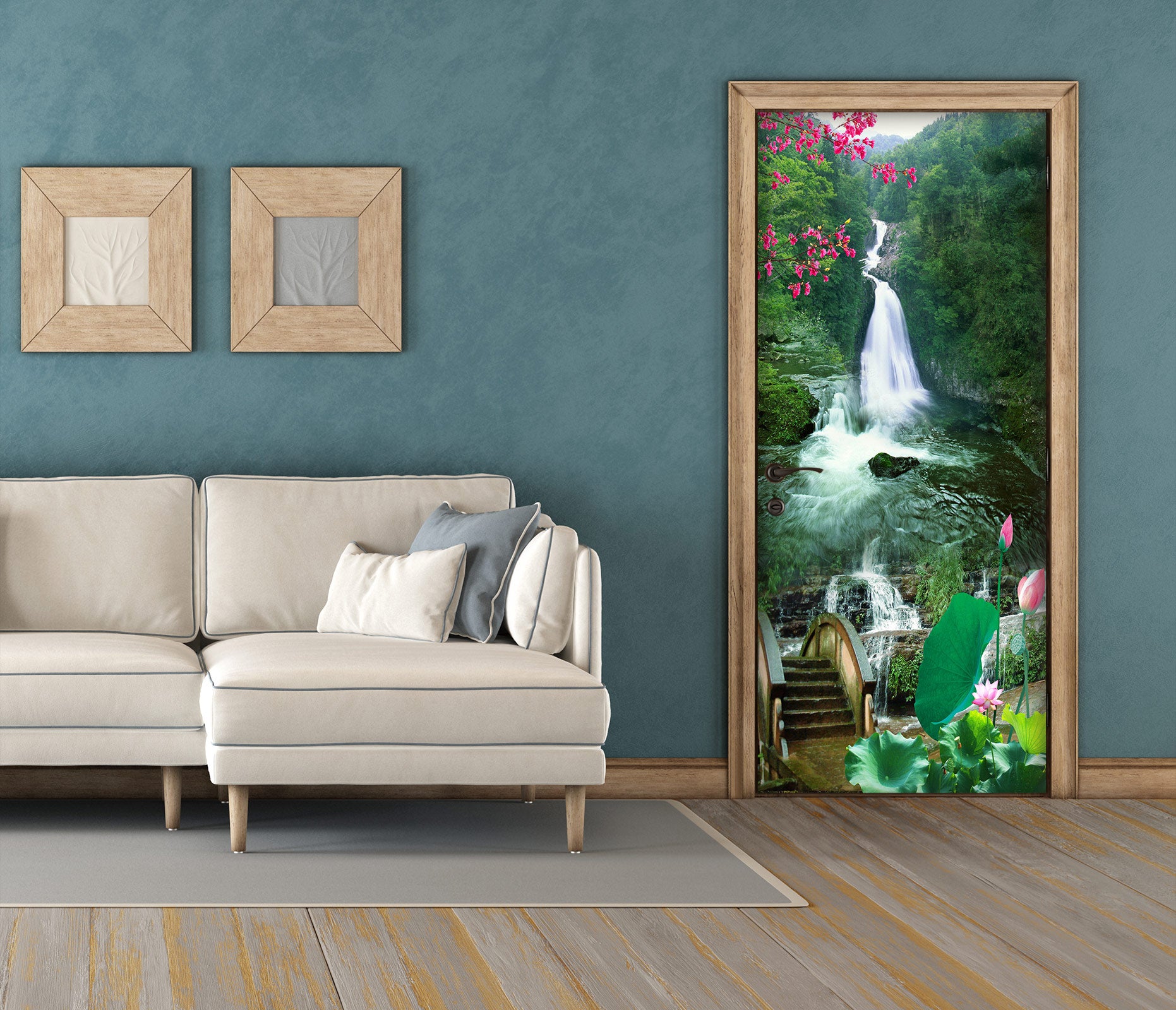 3D Waterfall Lotus 034 Door Mural