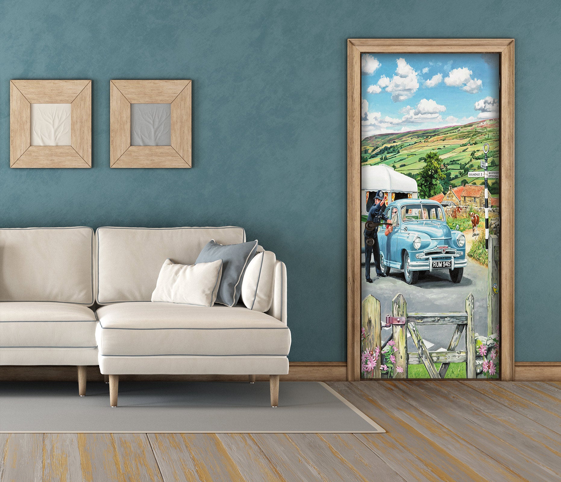 3D Blue Car Hillside Meadow 10347 Trevor Mitchell Door Mural