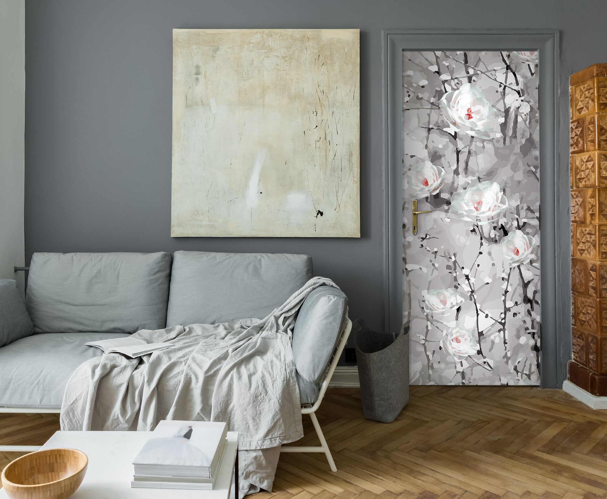 3D White Flower Painting 133 Door Mural