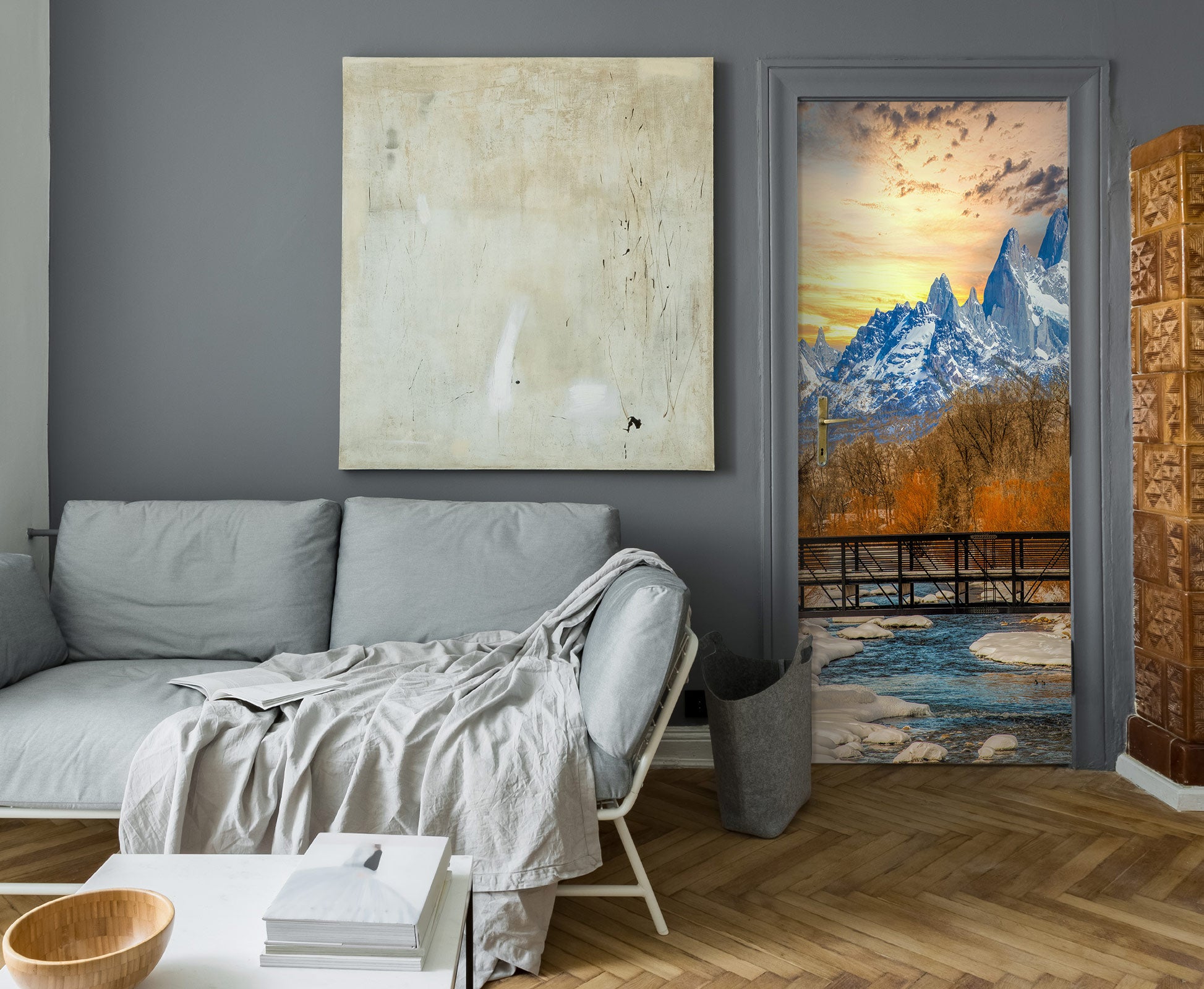 3D Snow Mountain Trees River 10858 Beth Sheridan Door Mural