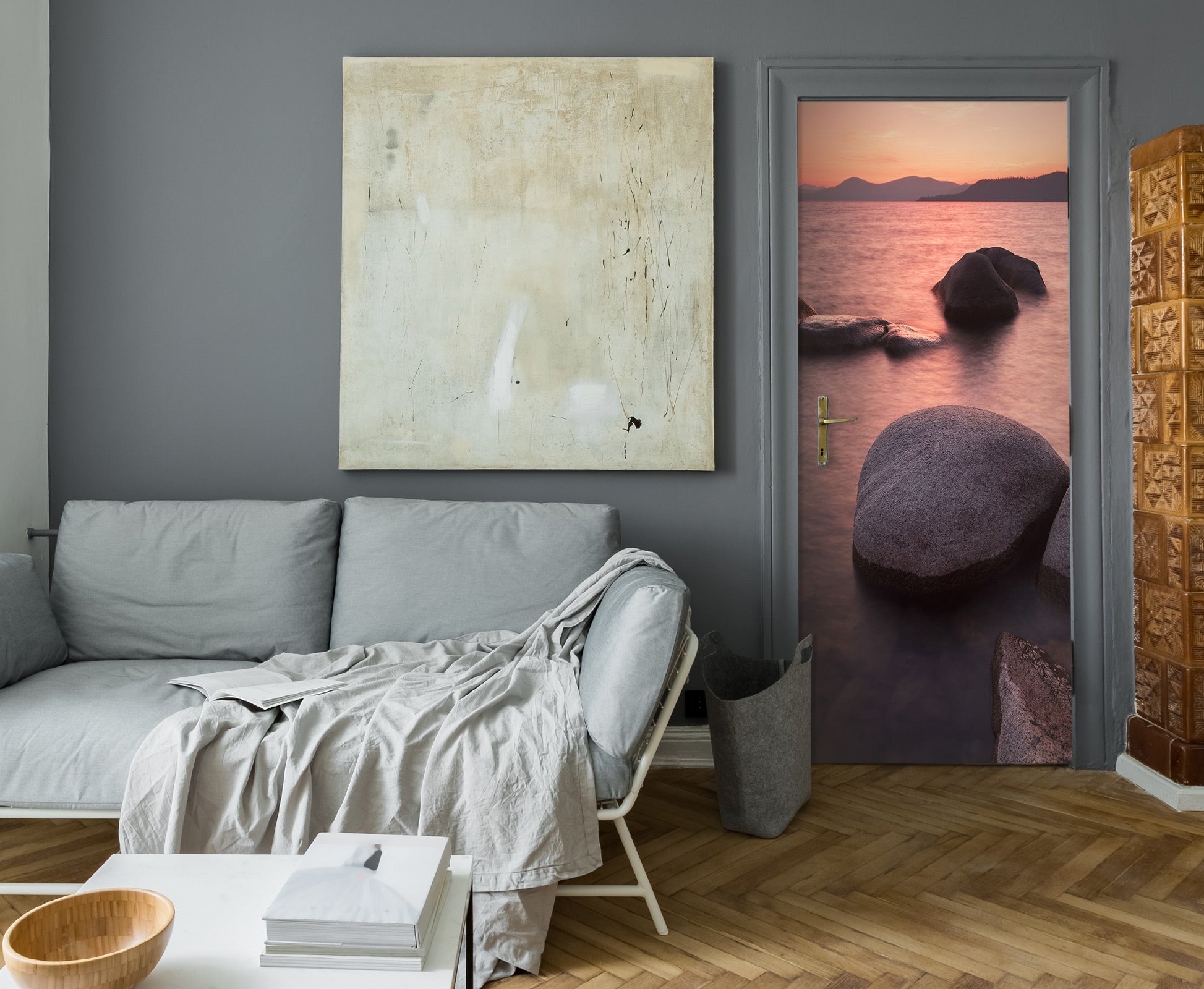 3D Sunset Sea Stones 122 Door Mural