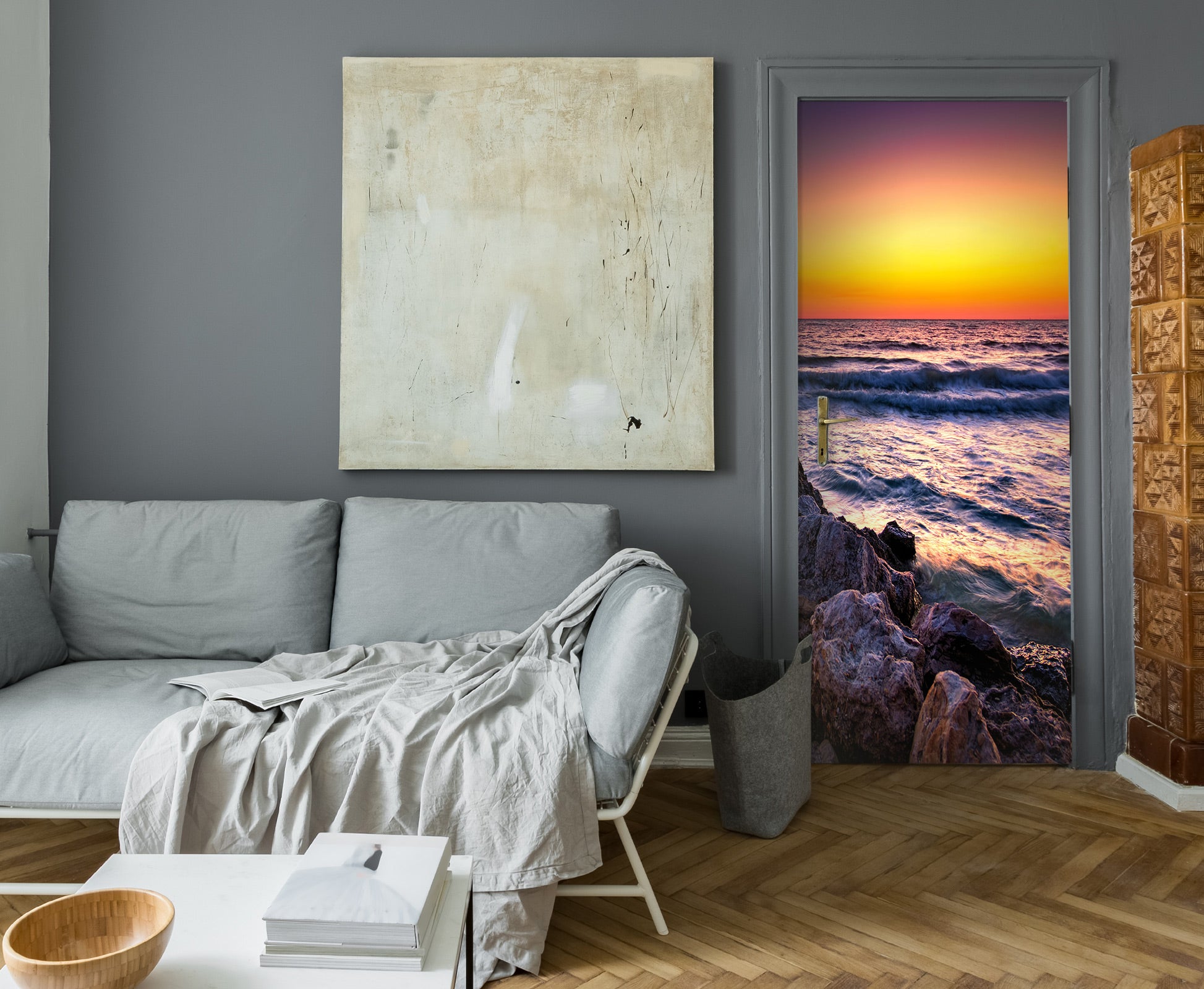 3D Sunset Seaside Stones 120 Door Mural