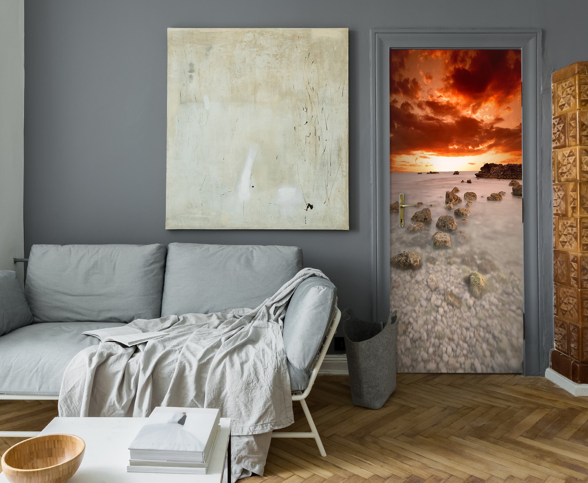 3D Sunset Red Clouds 127 Door Mural