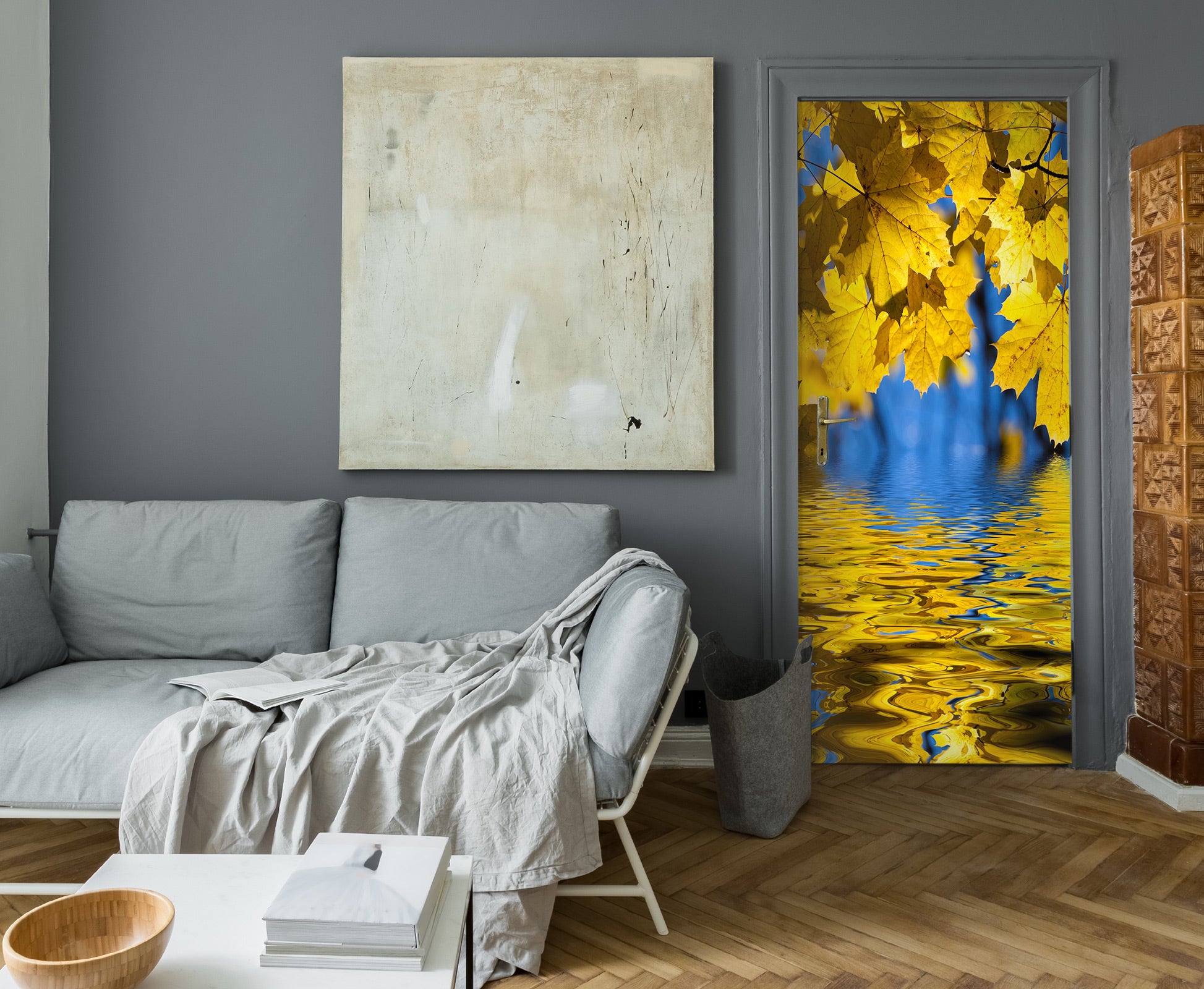 3D Yellow Leaf River 203 Door Mural