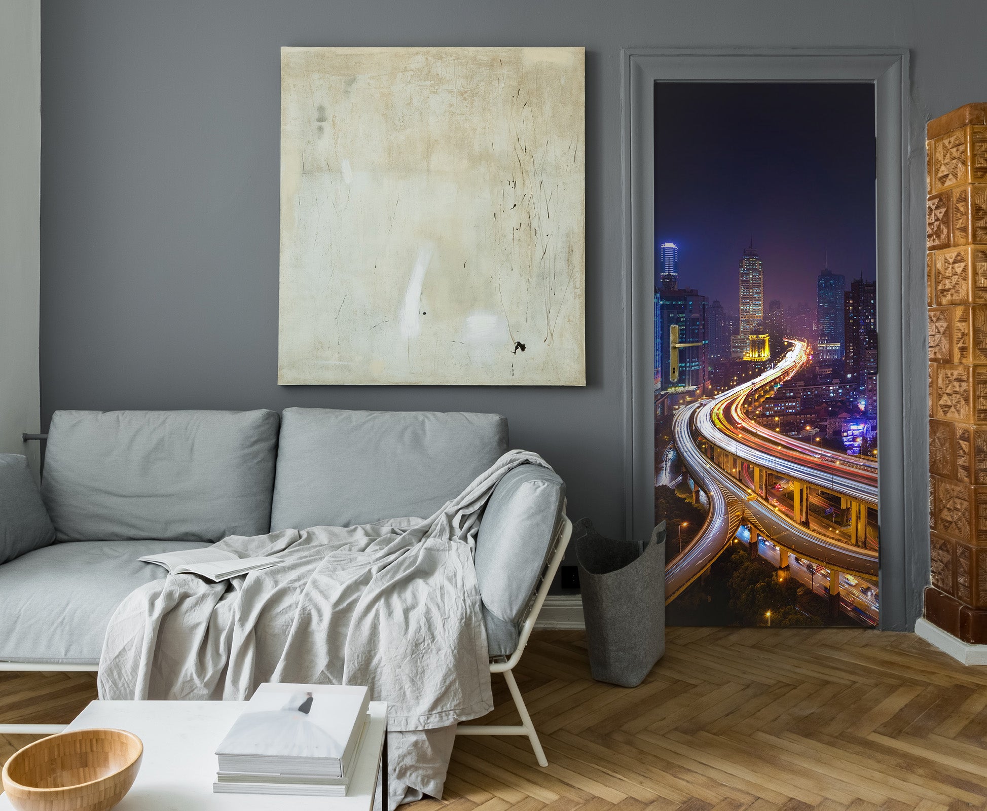 3D Night City Highway Lights 119101 Marco Carmassi Door Mural