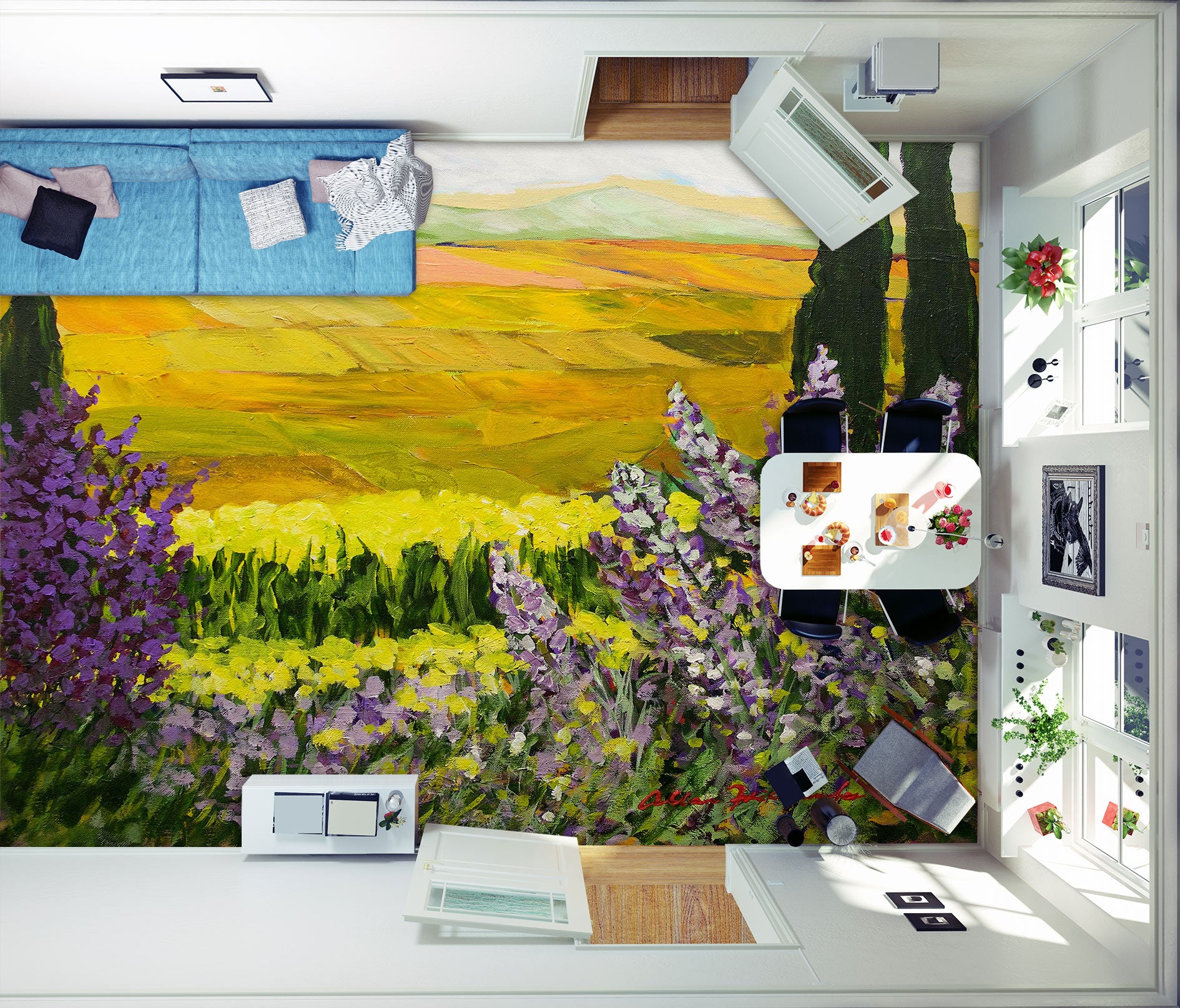 3D Flower Bush Yellow Field 9660 Allan P. Friedlander Floor Mural