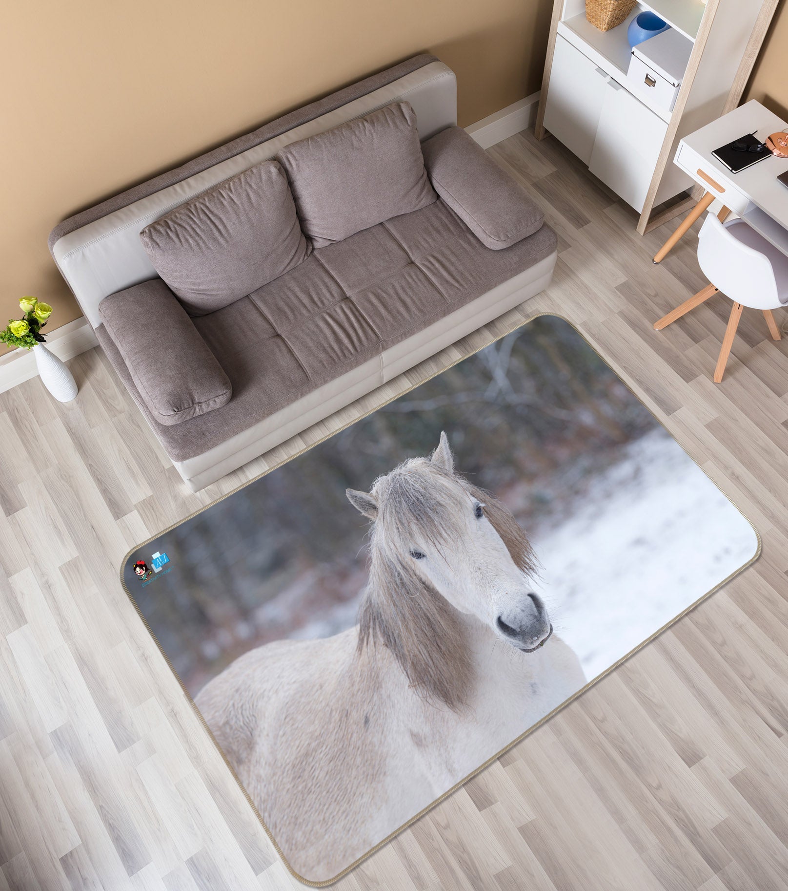 3D White Horse 6767 Assaf Frank Rug Non Slip Rug Mat