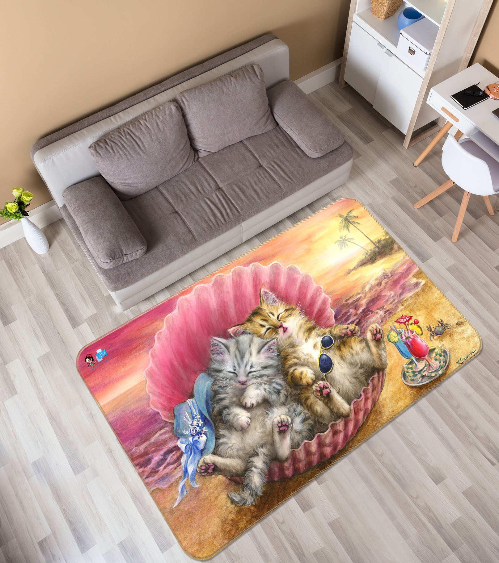 3D Pink Shell Cat 5620 Kayomi Harai Rug Non Slip Rug Mat