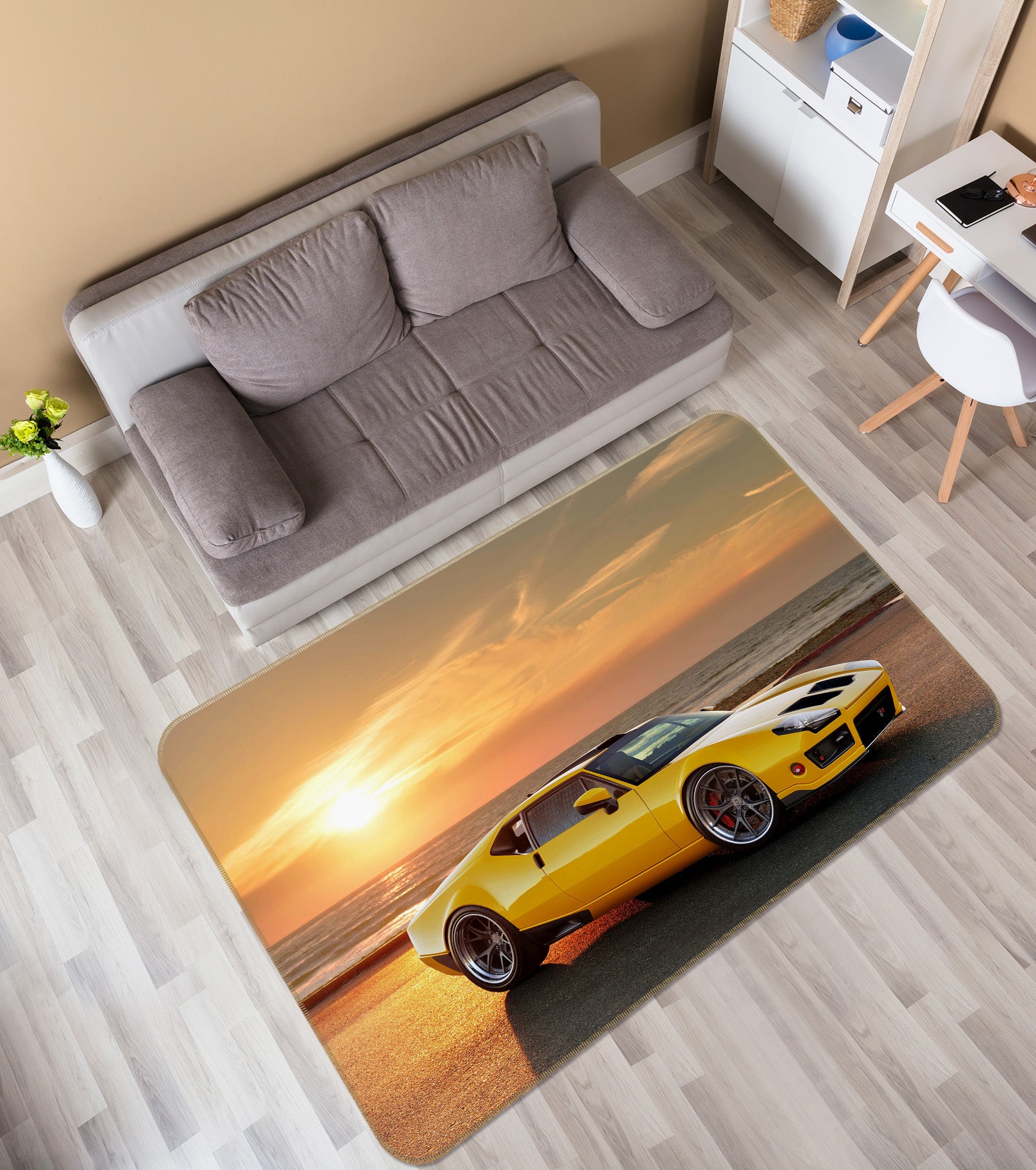 3D Seaside Yellow Car 42069 Vehicle Non Slip Rug Mat