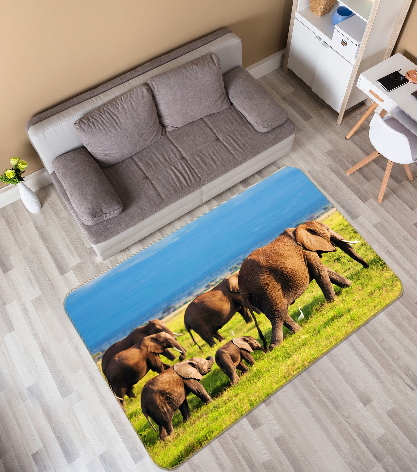 3D Grass Elephant Herd 68191 Animal Non Slip Rug Mat