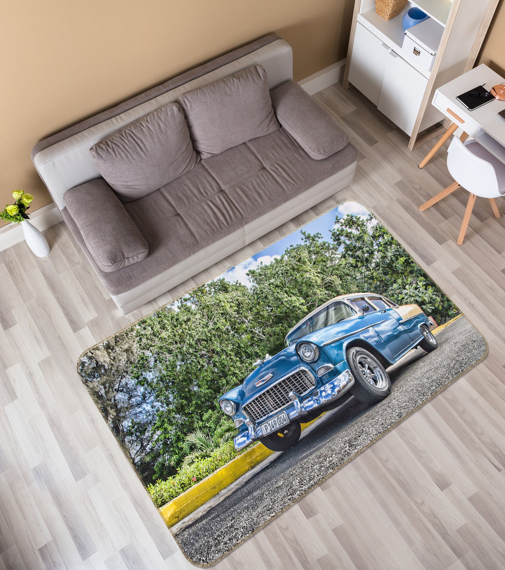 3D Tree Blue Car 68048 Vehicle Non Slip Rug Mat