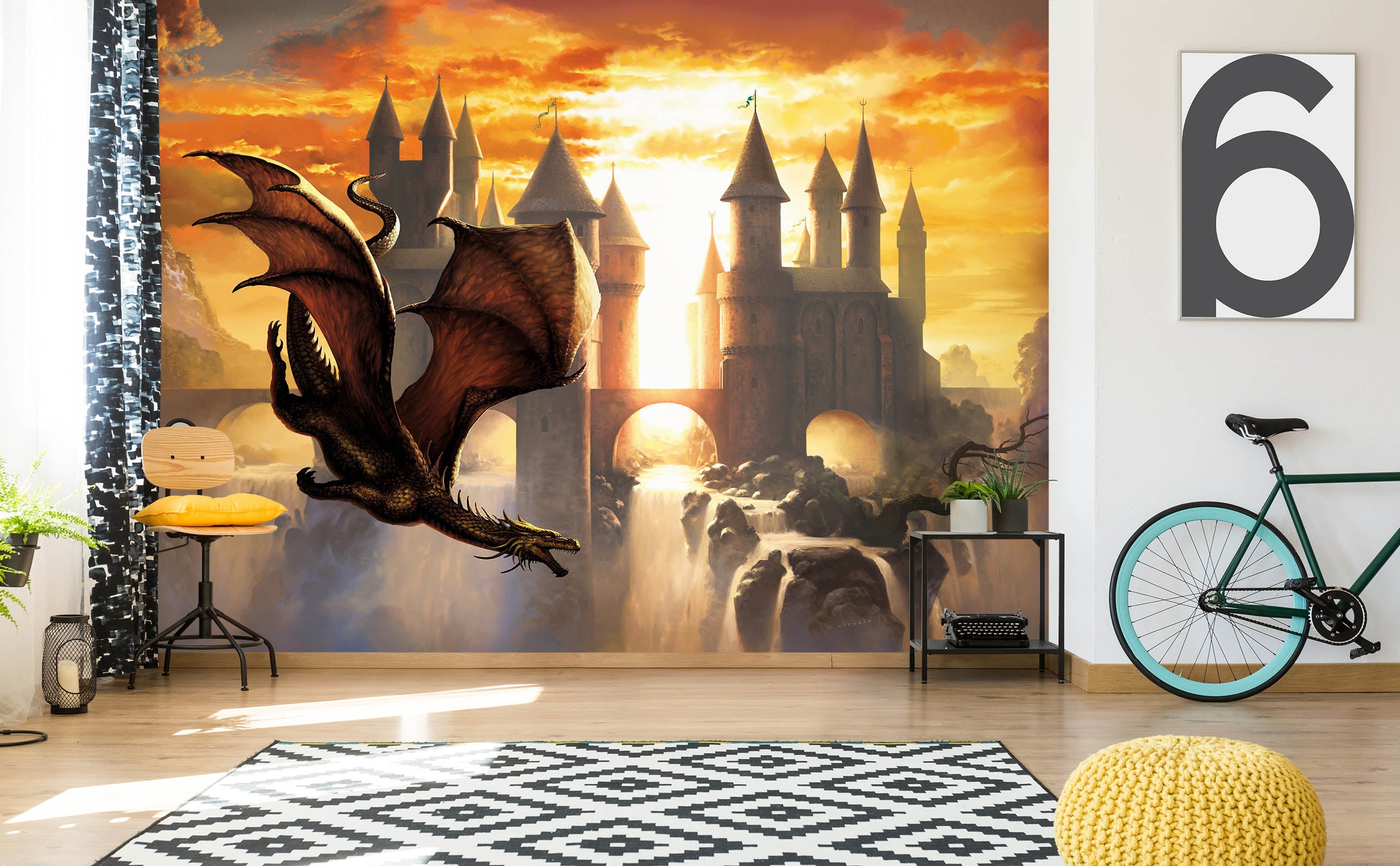 3D Sunset Castle Dragon 7056 Ciruelo Wall Mural Wall Murals