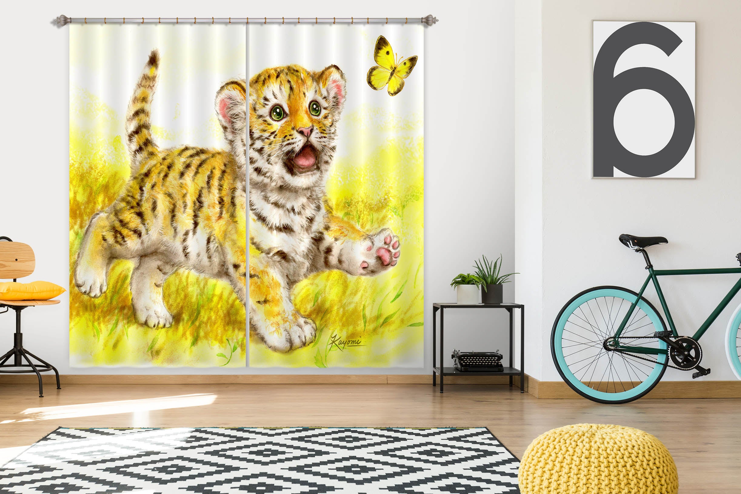 3D Tiger Baby Butterfly 9007 Kayomi Harai Curtain Curtains Drapes