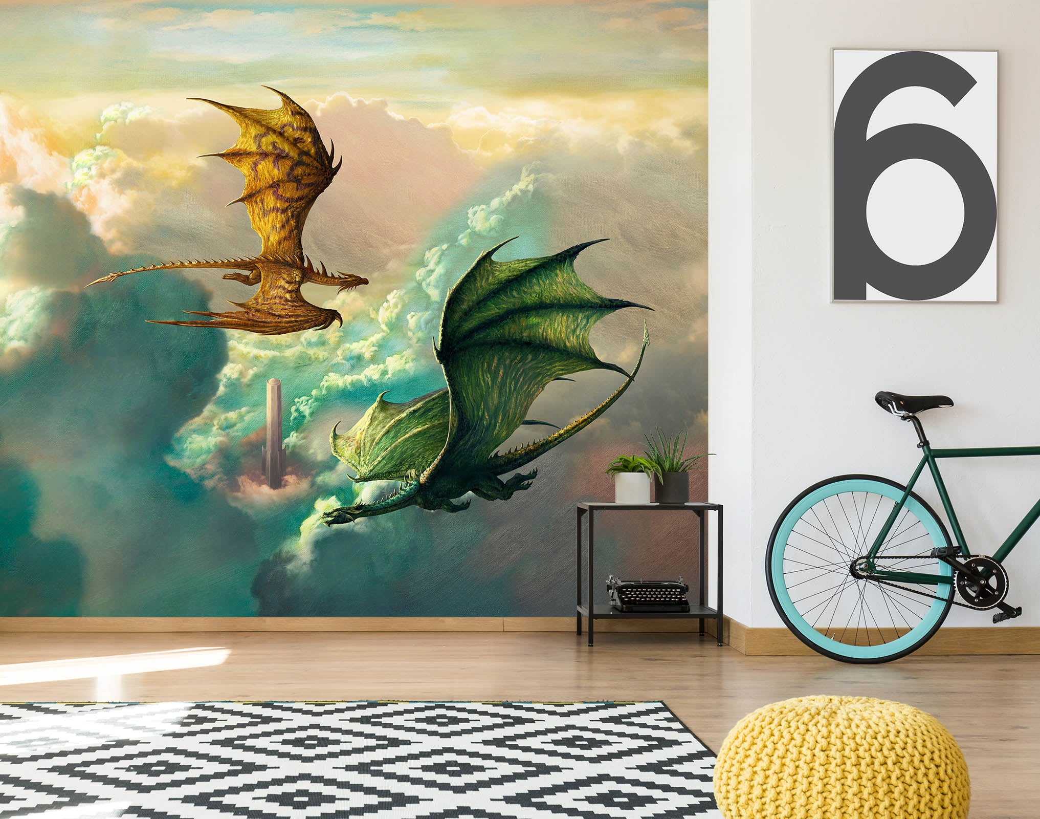 3D Tower Clouds Dragon 7085 Ciruelo Wall Mural Wall Murals