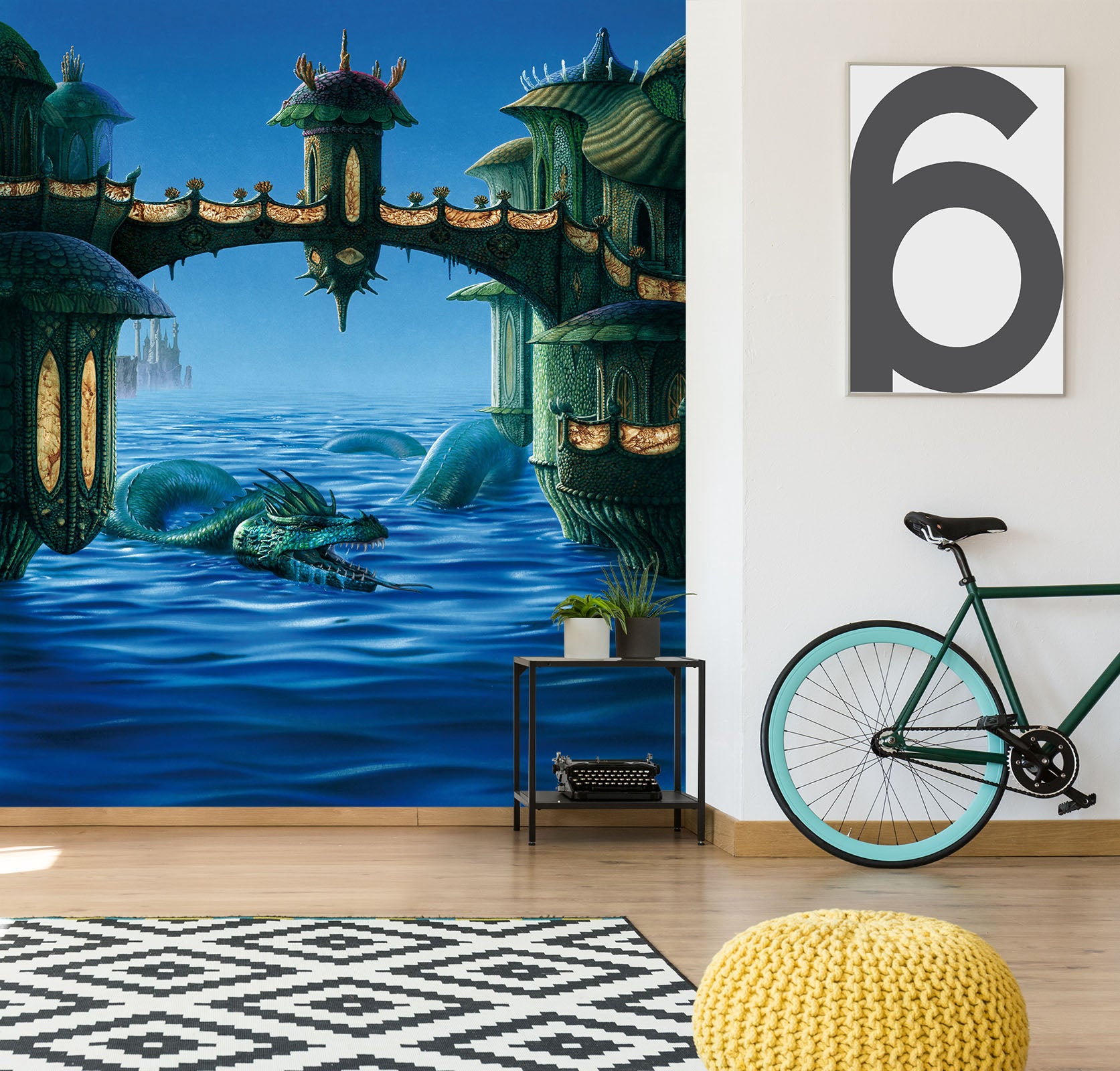 3D Blue River Dragon Bridge 7100 Ciruelo Wall Mural Wall Murals