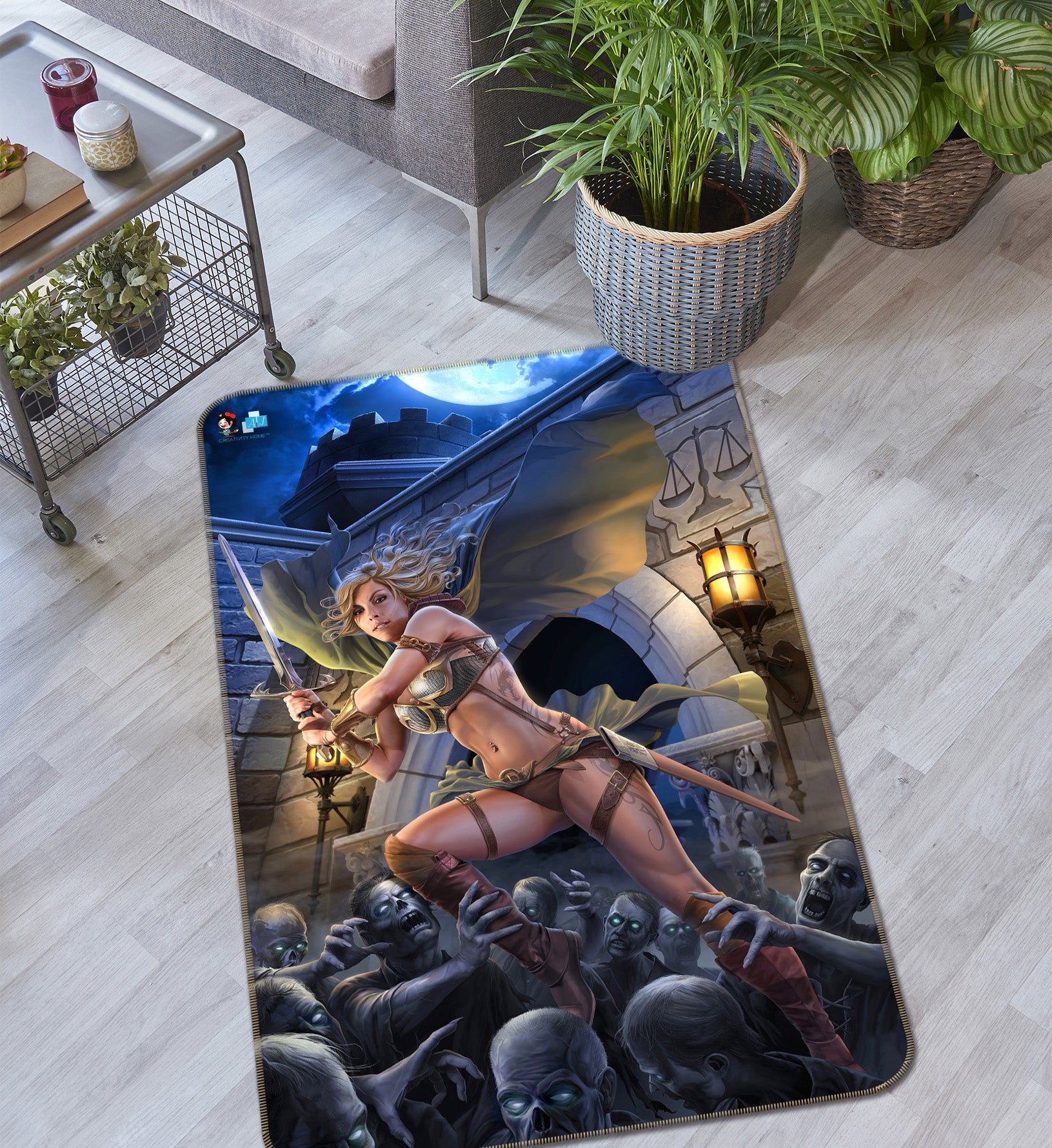 3D Female Warrior Skeleton 4148 Tom Wood Rug Non Slip Rug Mat