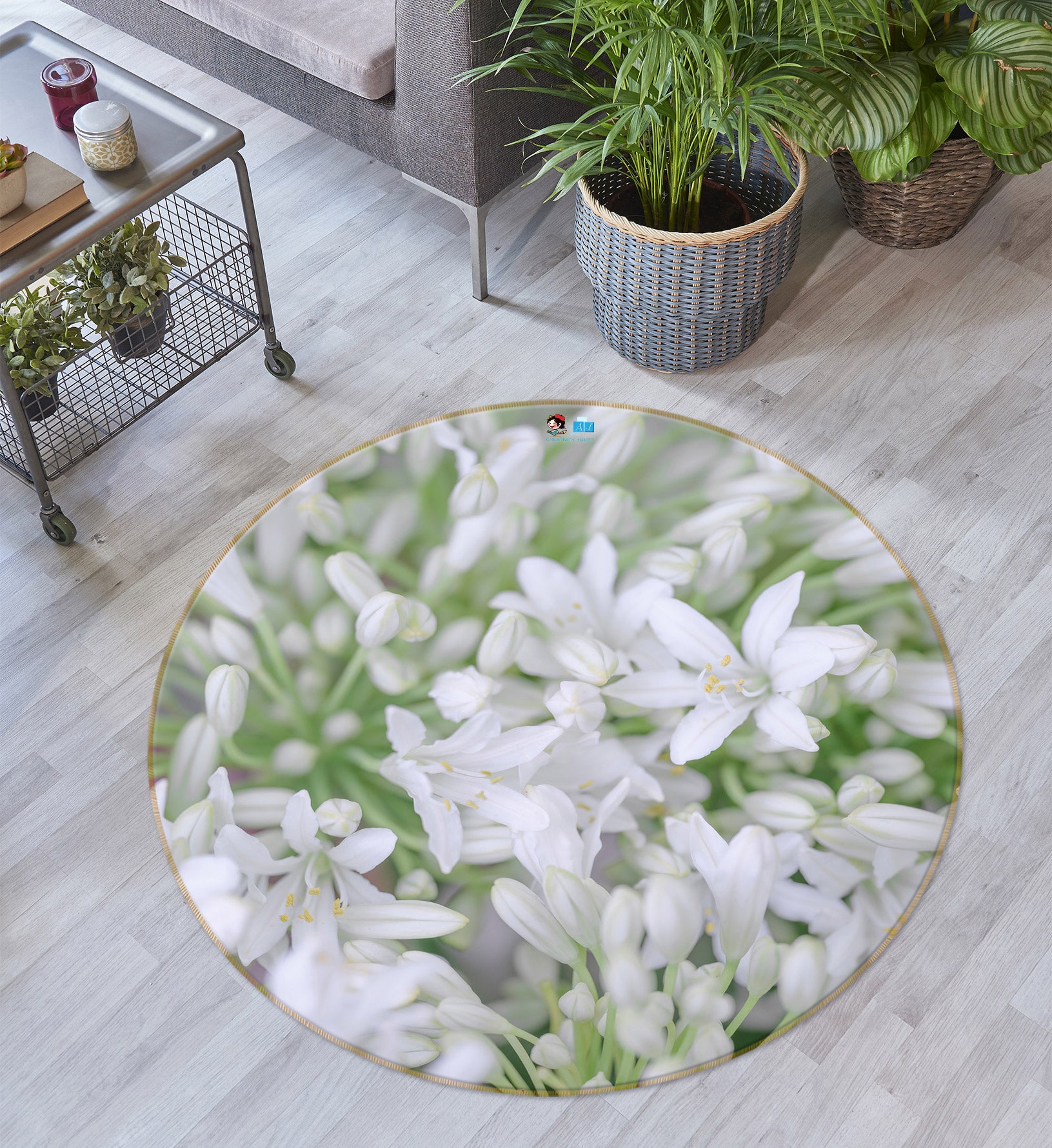 3D White Flower 7568 Assaf Frank Rug Round Non Slip Rug Mat