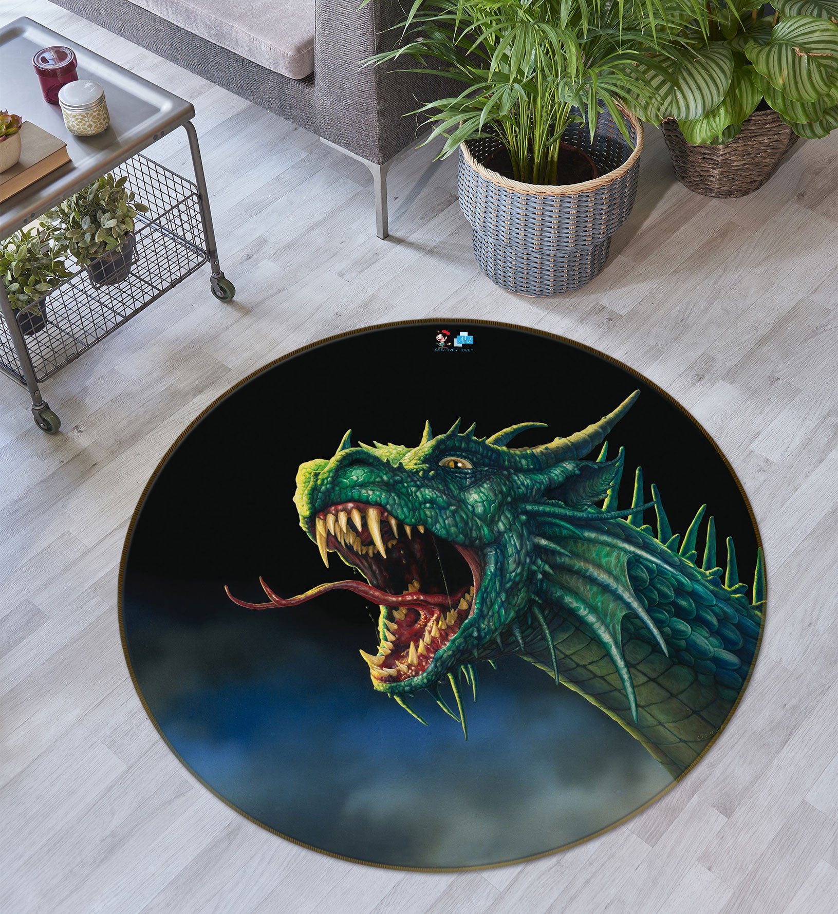 3D Green Dragon Head 6067 Ciruelo Rug Round Non Slip Rug Mat