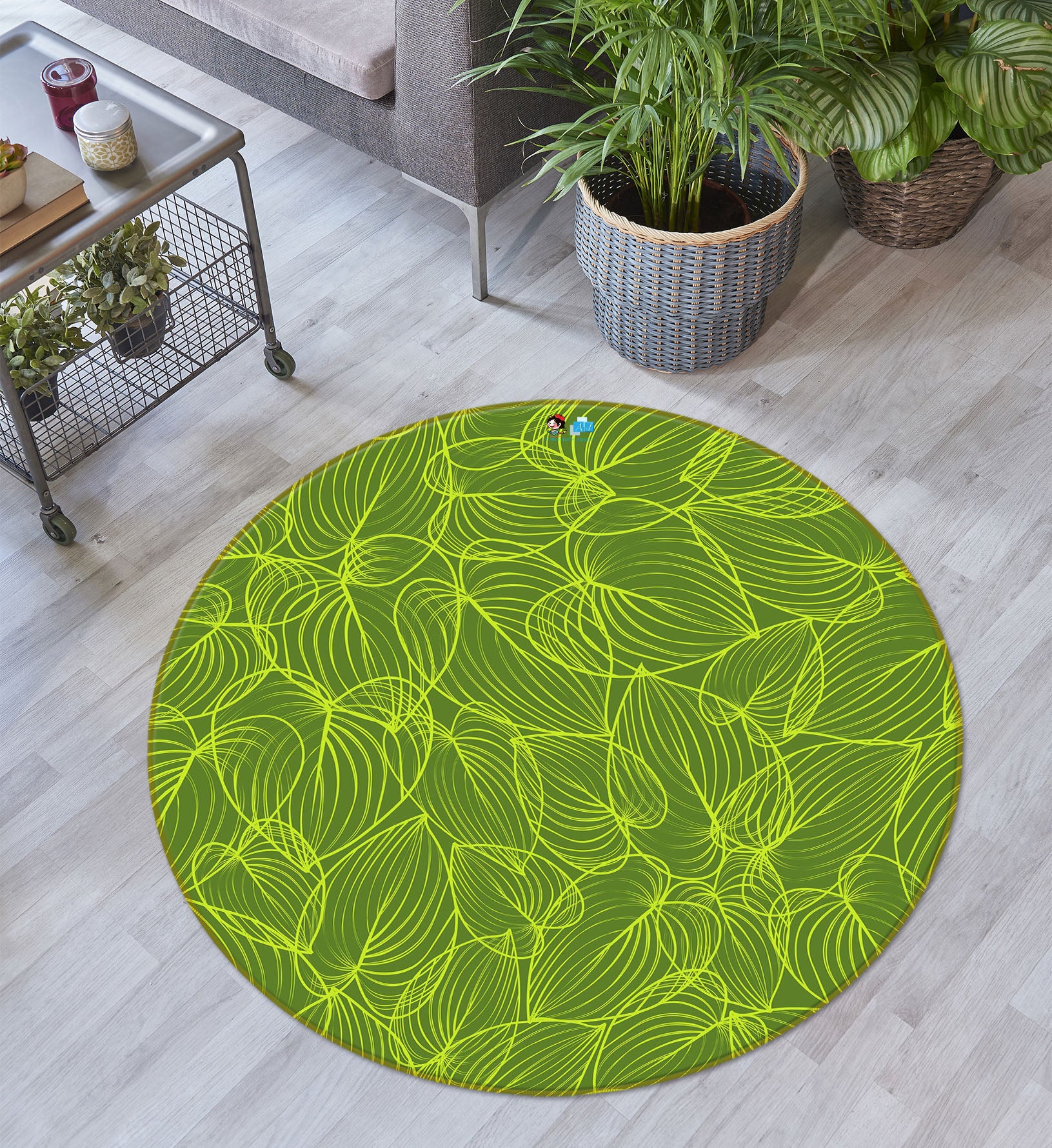 3D Green Line Leaves 10518 Kashmira Jayaprakash Rug Round Non Slip Rug Mat