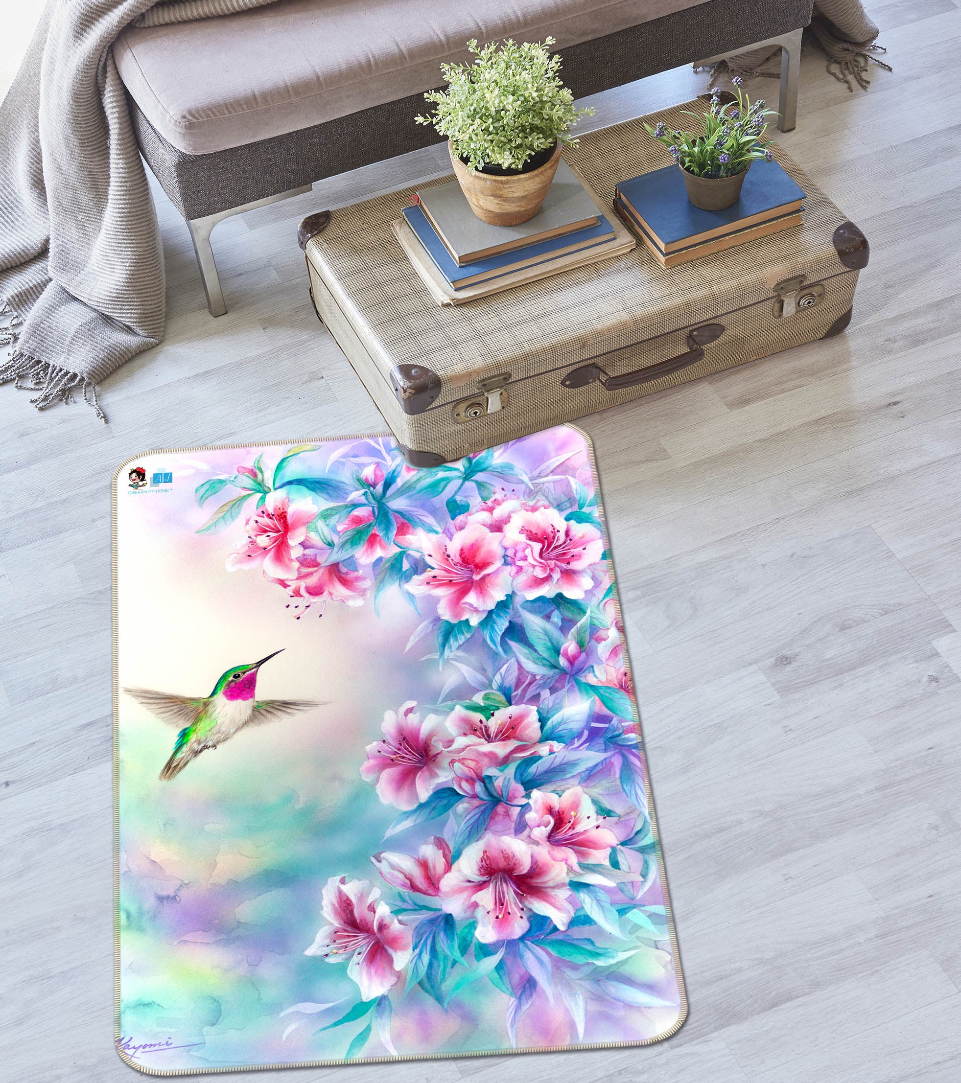 3D Pink Flower Bird 5693 Kayomi Harai Rug Non Slip Rug Mat