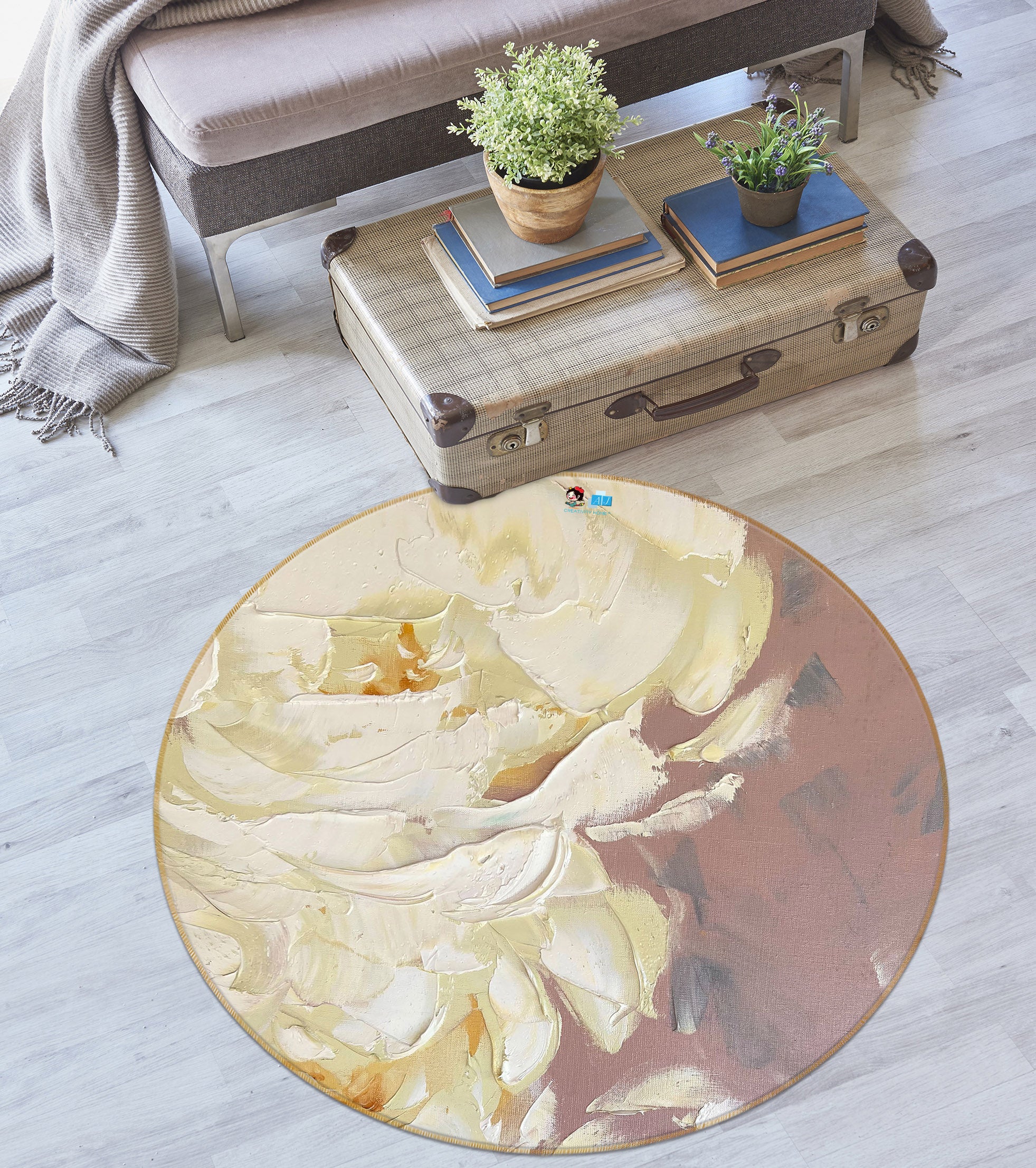 3D White Rose 3891 Skromova Marina Rug Round Non Slip Rug Mat