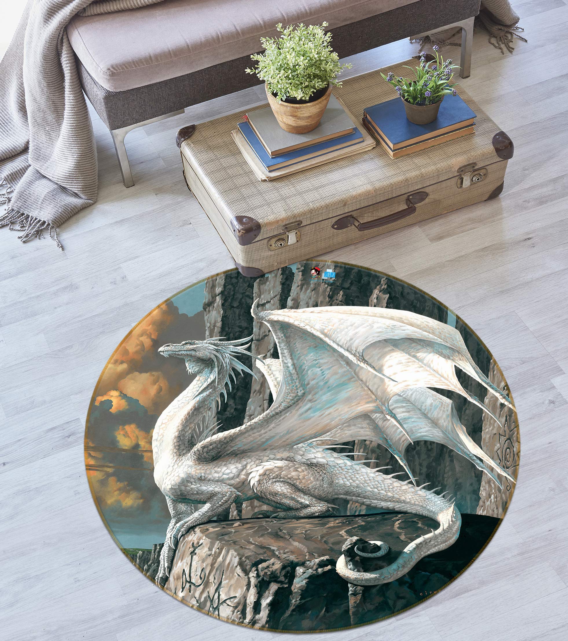 3D Rock White Dragon 6099 Ciruelo Rug Round Non Slip Rug Mat